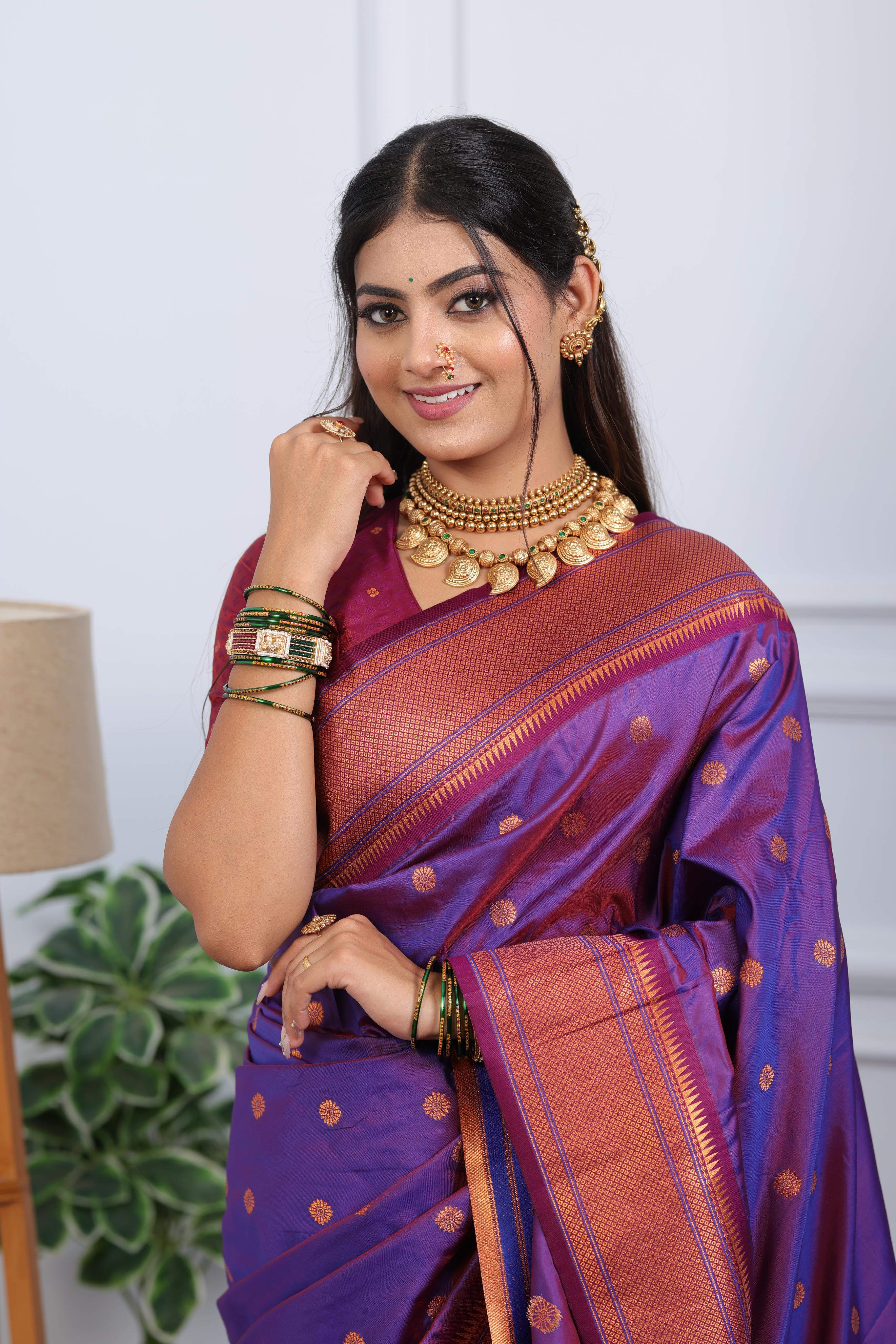 Purple Paithani Silk Saree with Golden Zari Butti, Copper Border & Designer Pallu