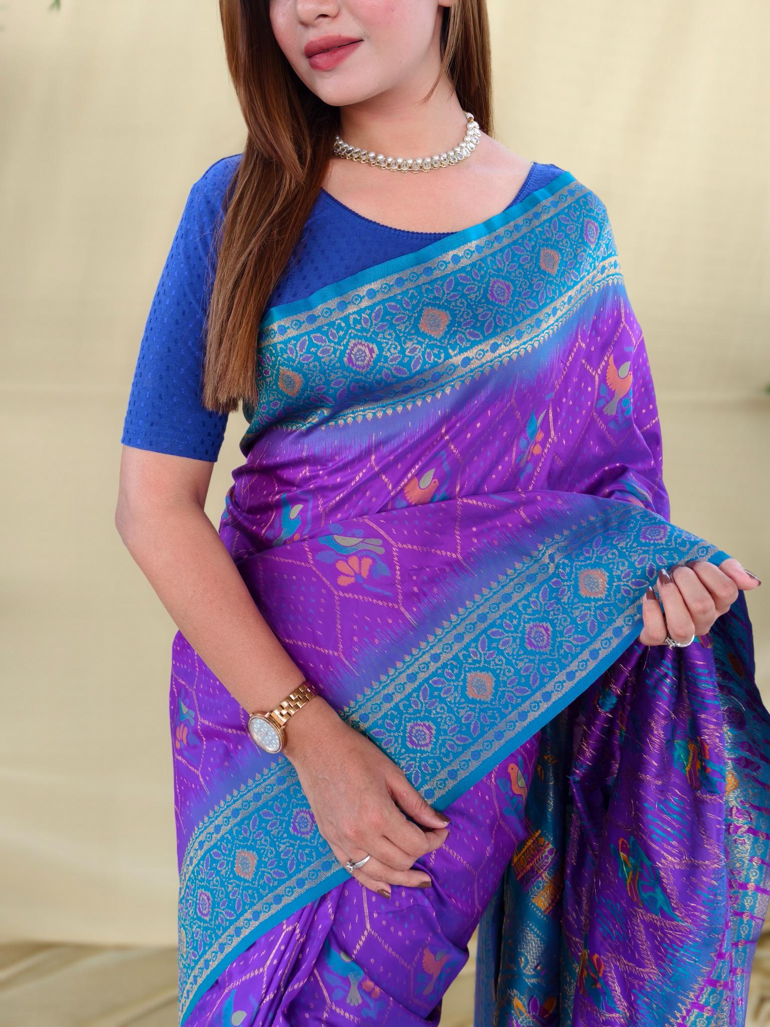 Women's Purple & Sky Blue Banarasi Silk Saree with Rich Woven Zari Border