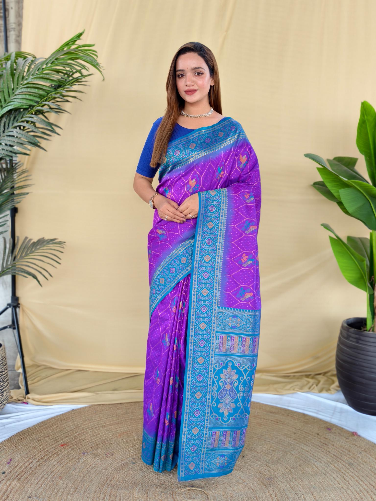 Women's Purple & Sky Blue Banarasi Silk Saree with Rich Woven Zari Border