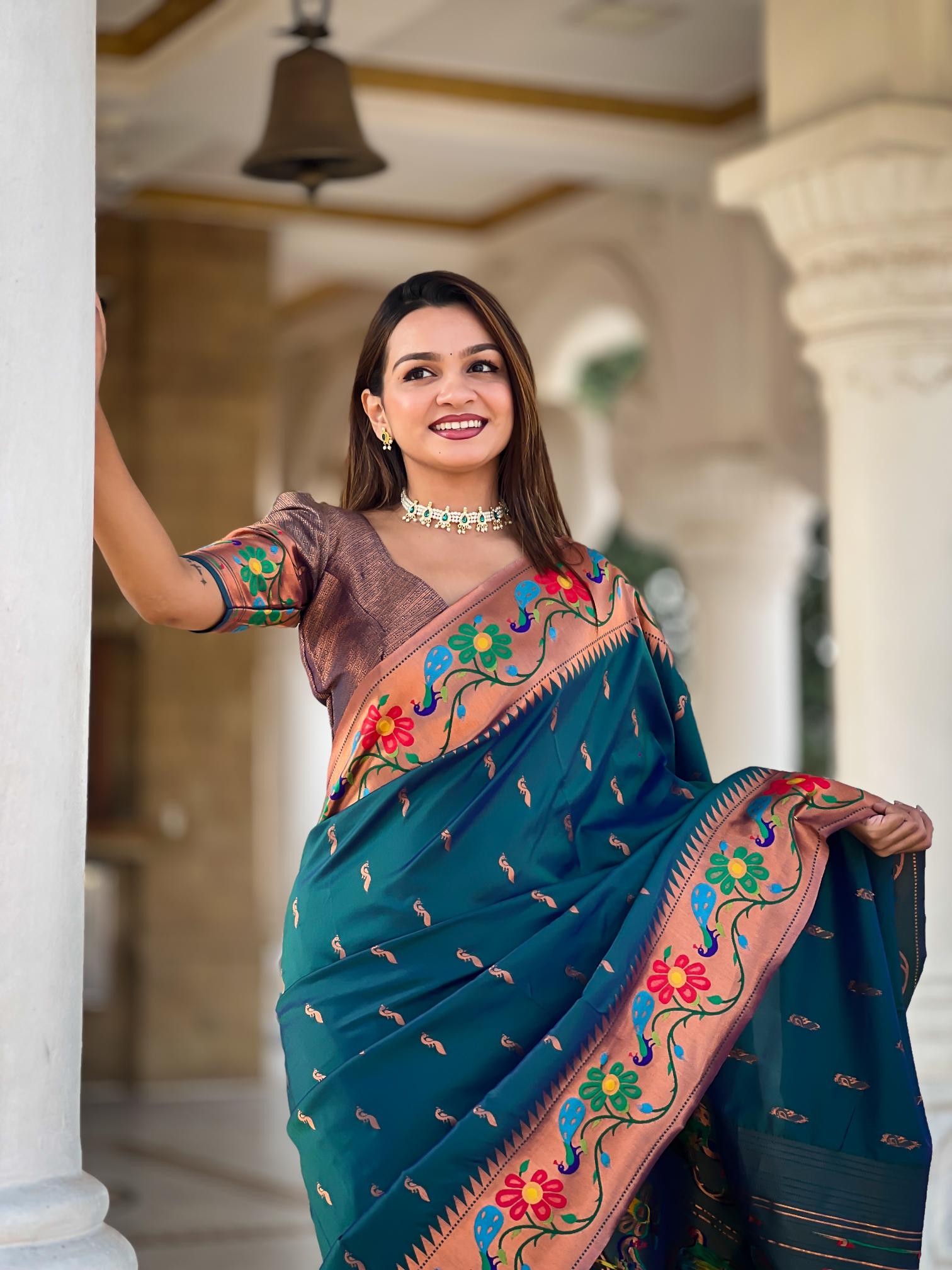 Premium Teal Blue Paithani Silk Saree for Women