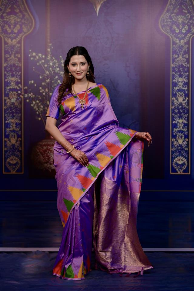 Lavender Banarasi Silk Saree with Multicolor Ikat Design & Rich Zari Woven Pallu