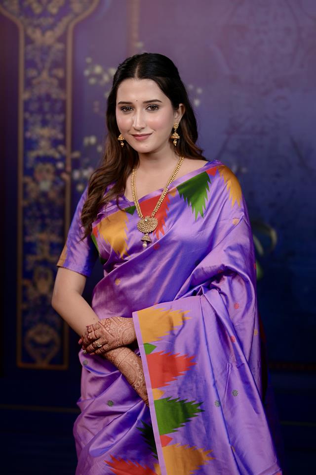 Lavender Banarasi Silk Saree with Multicolor Ikat Design & Rich Zari Woven Pallu