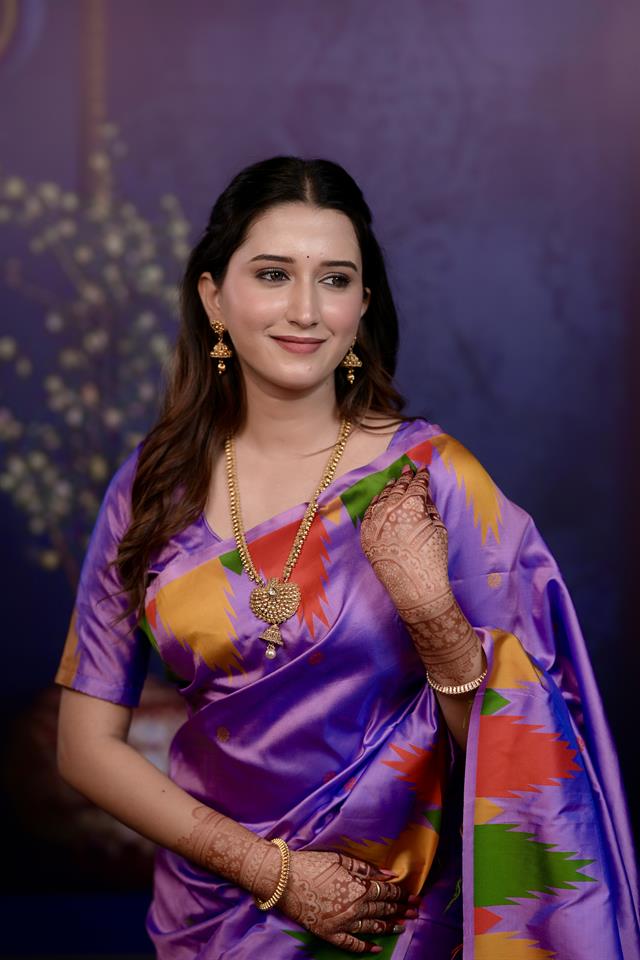Lavender Banarasi Silk Saree with Multicolor Ikat Design & Rich Zari Woven Pallu