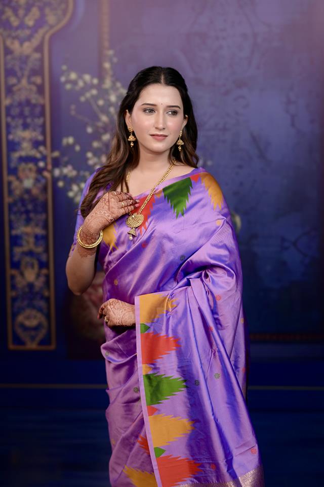 Lavender Banarasi Silk Saree with Multicolor Ikat Design & Rich Zari Woven Pallu