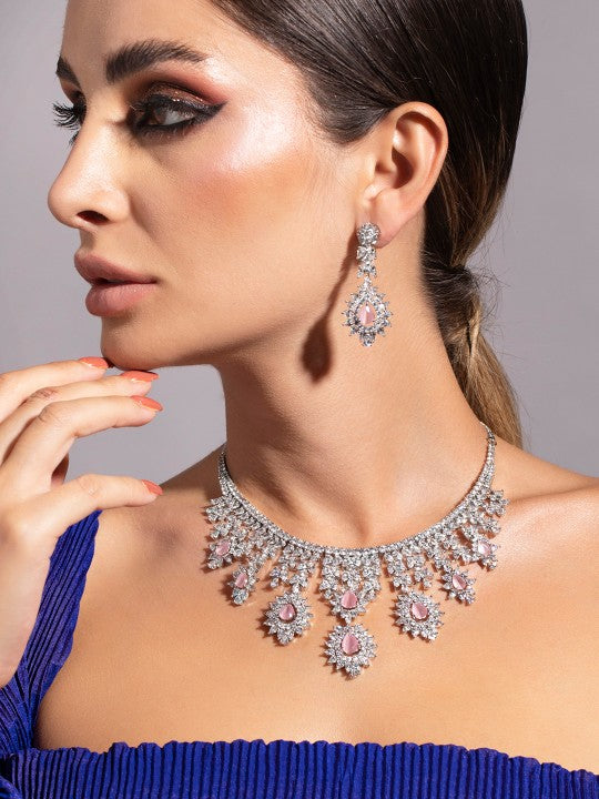 Wentra Silver Plated Pink Gemstone & AAA Cubic Zirconia Studded Floral Design Jewellery Set