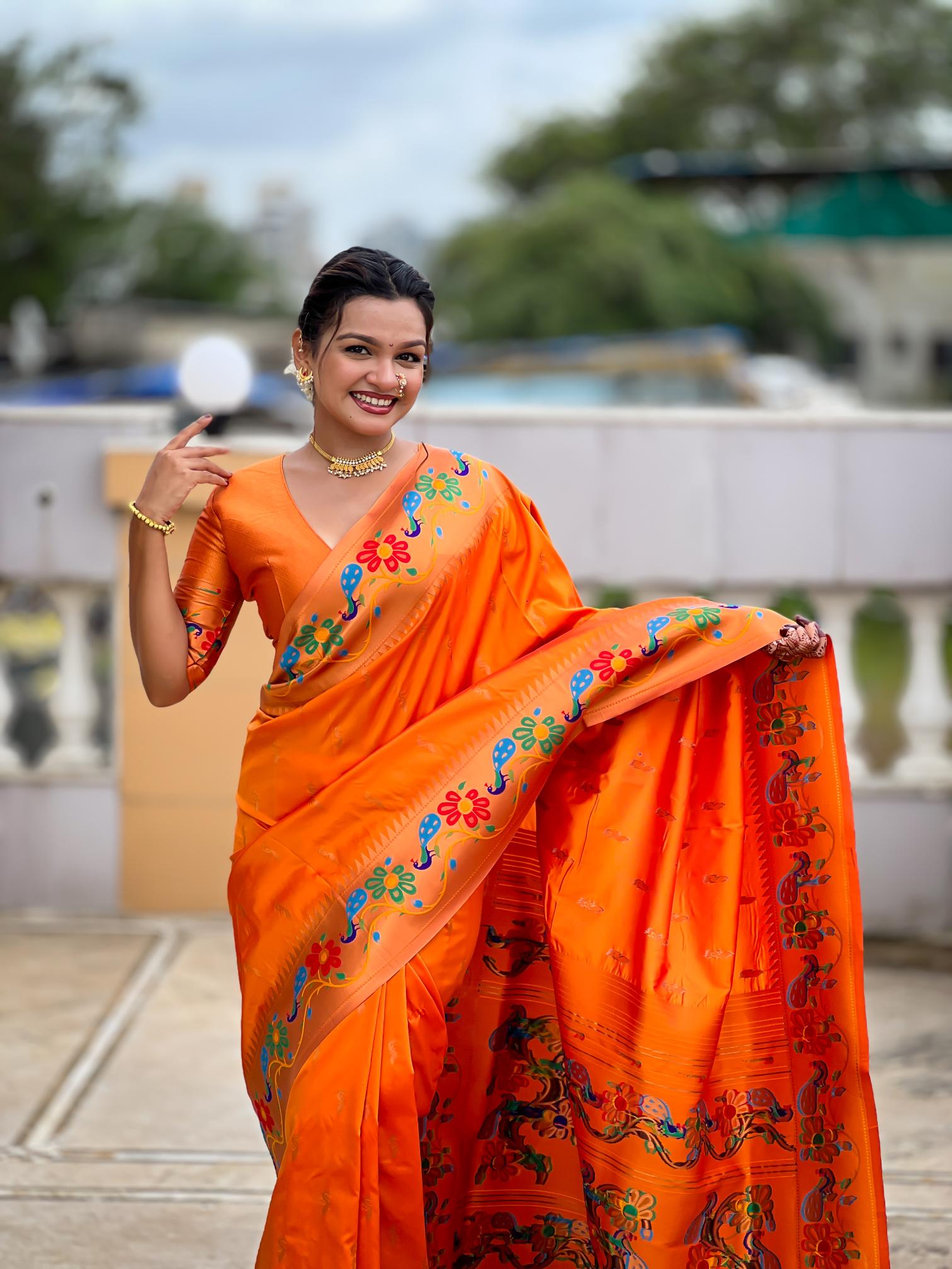 Premium Orange Paithani Silk Saree for Women