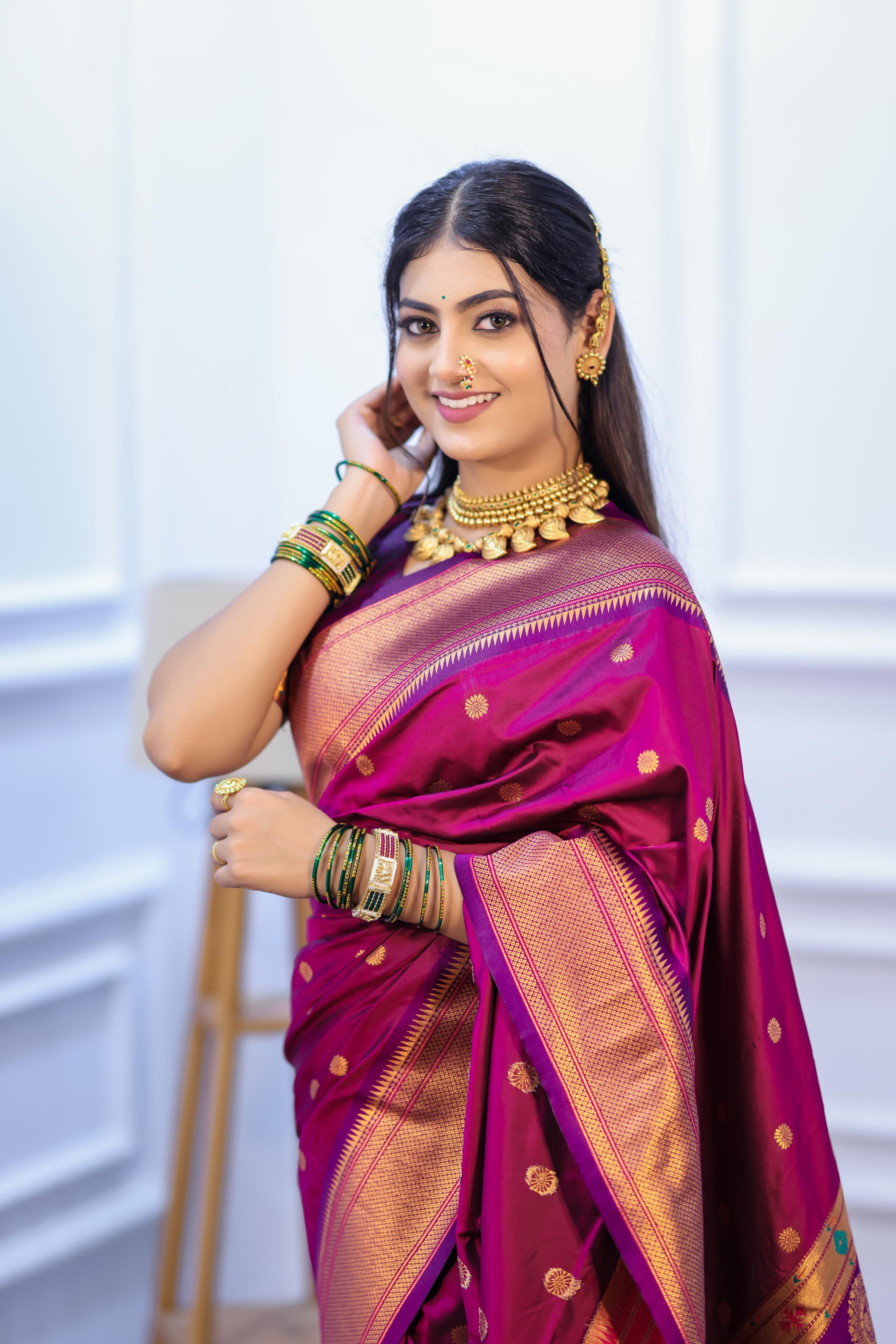 Magenta Paithani Silk Saree with Golden Zari Butti, Rich Border & Designer Pallu