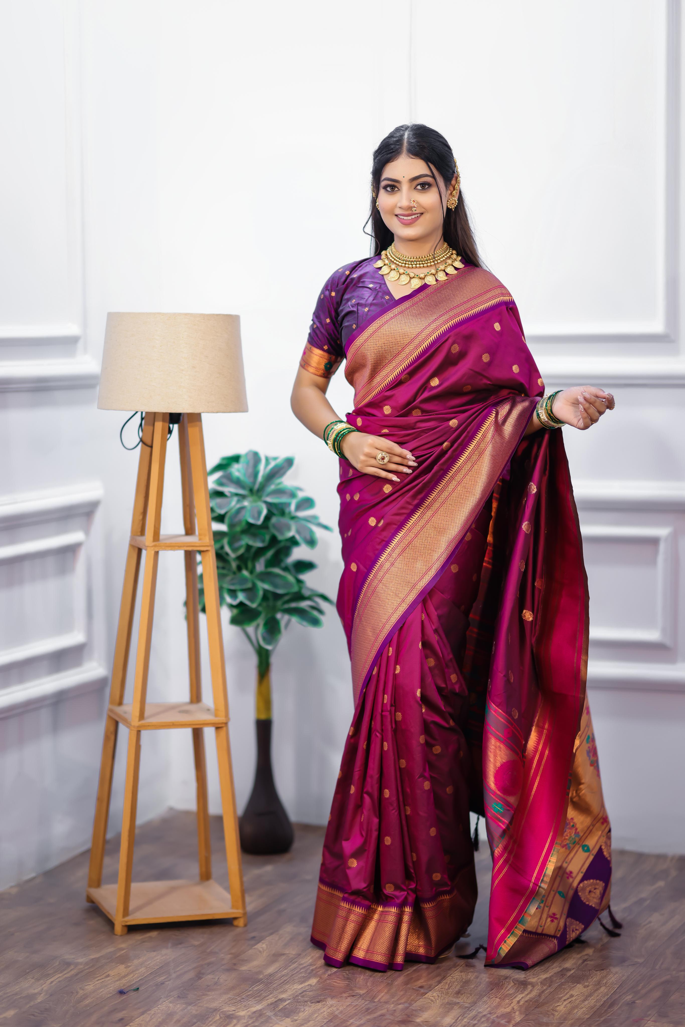 Magenta Paithani Silk Saree with Golden Zari Butti, Rich Border & Designer Pallu