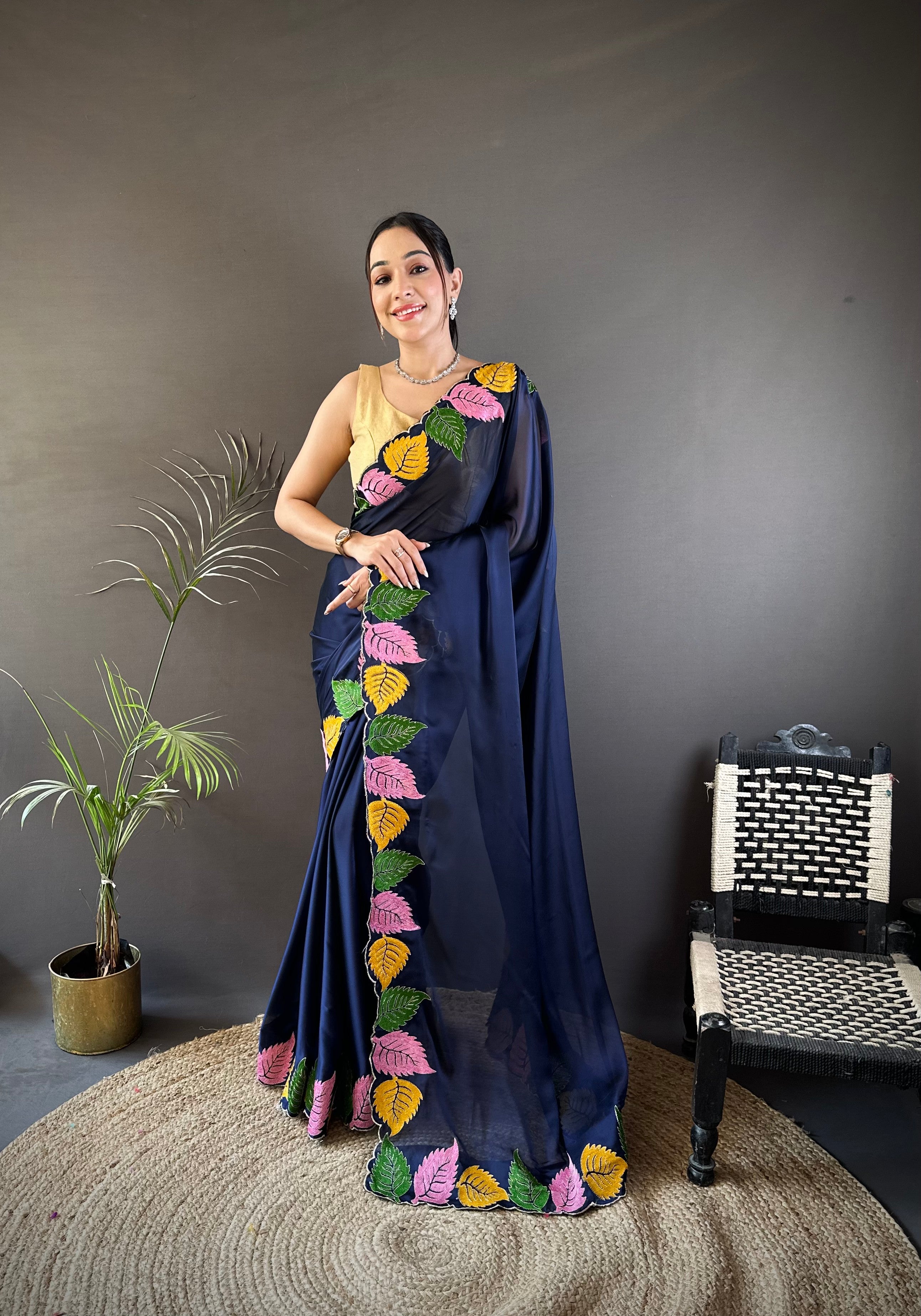 Navy Blue Georgette Saree with Multicolor Leaf Embroidery Border & Designer Pallu