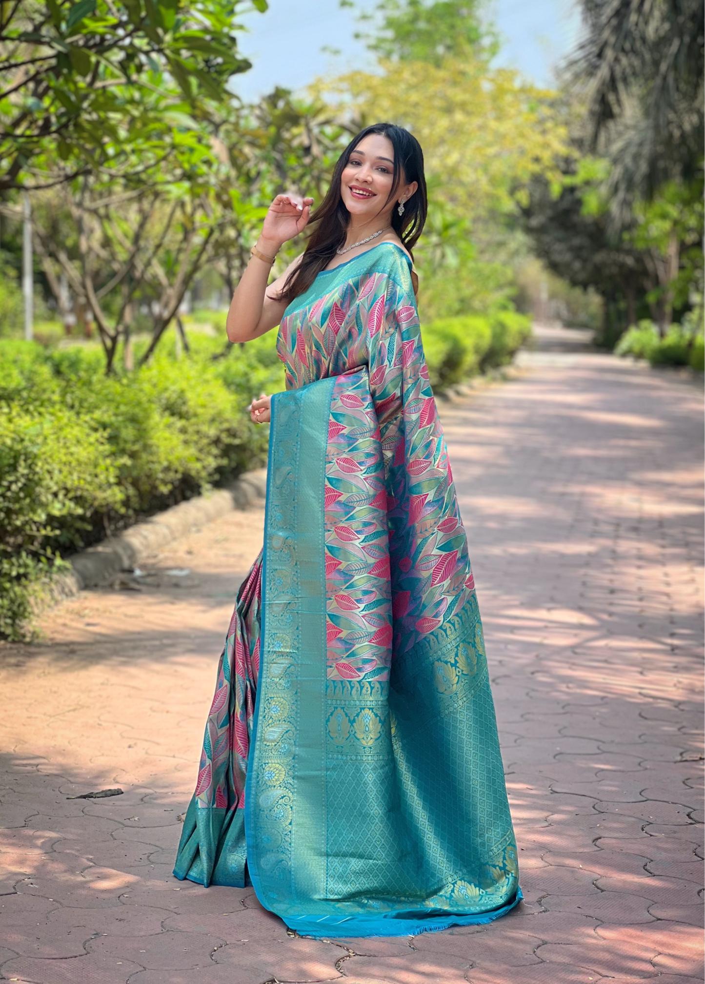 Women's Aqua Blue Banarasi Silk Saree with Multicolor Leaf Woven Design & Rich Zari Border