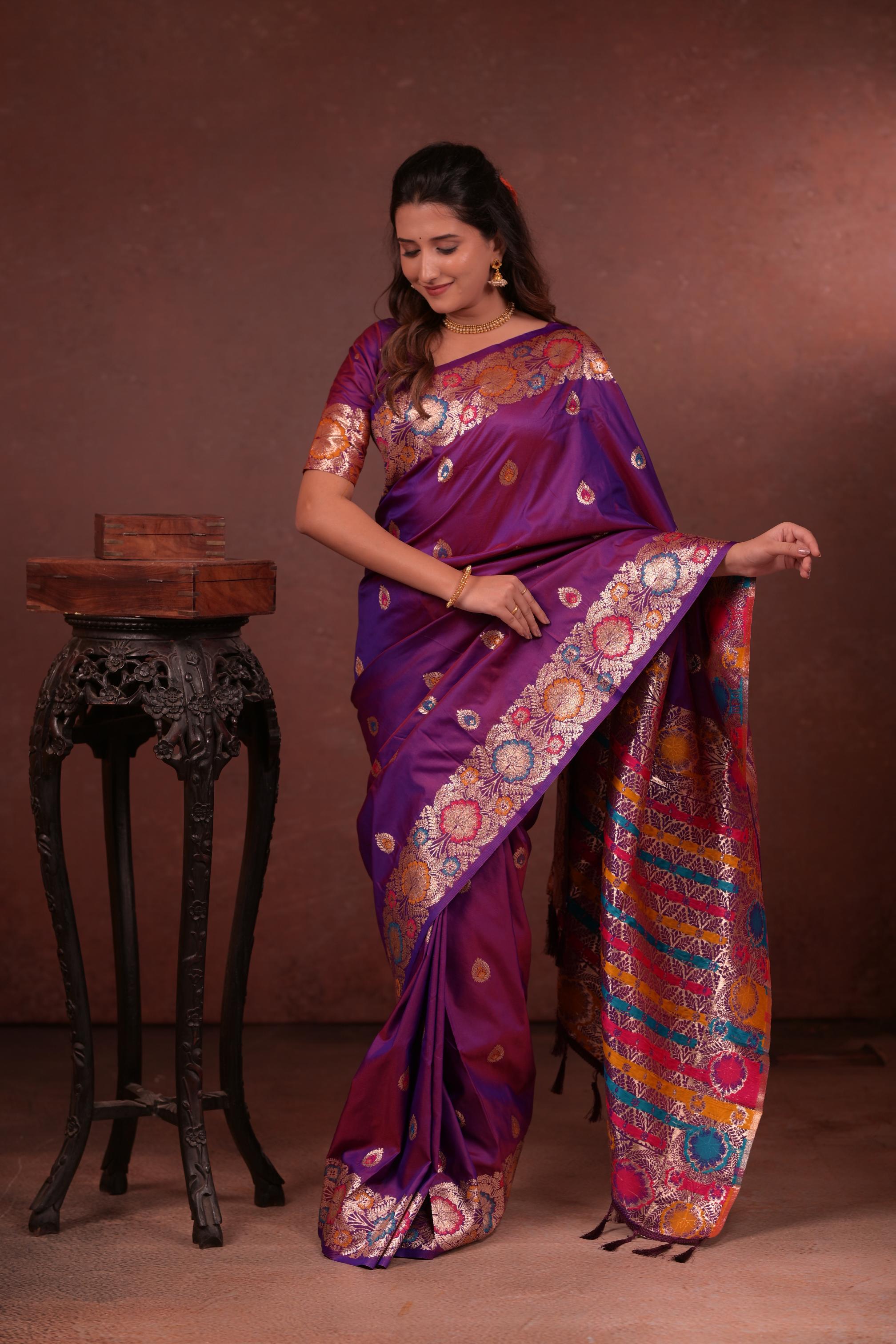 Royal Purple Banarasi Silk Saree with Multicolor Floral Zari Woven Border & Rich Designer Pallu