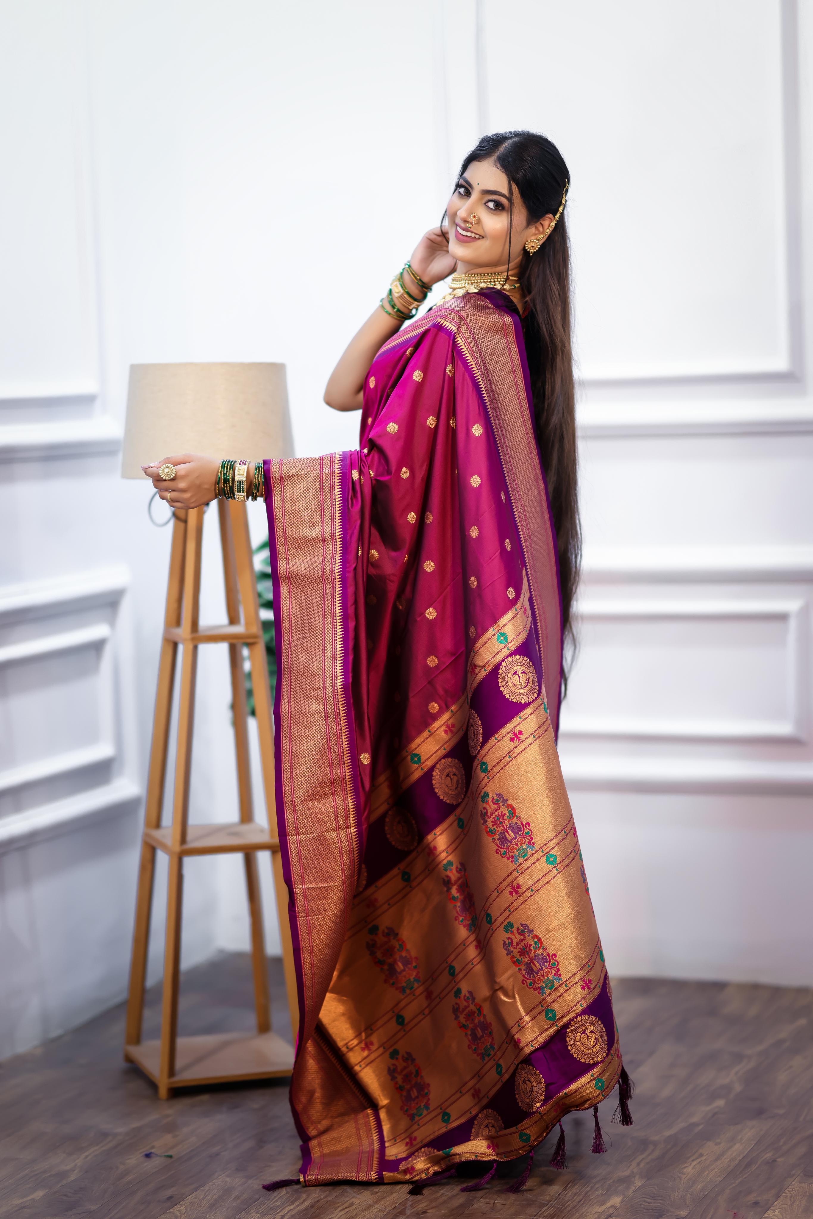 Magenta Paithani Silk Saree with Golden Zari Butti, Rich Border & Designer Pallu