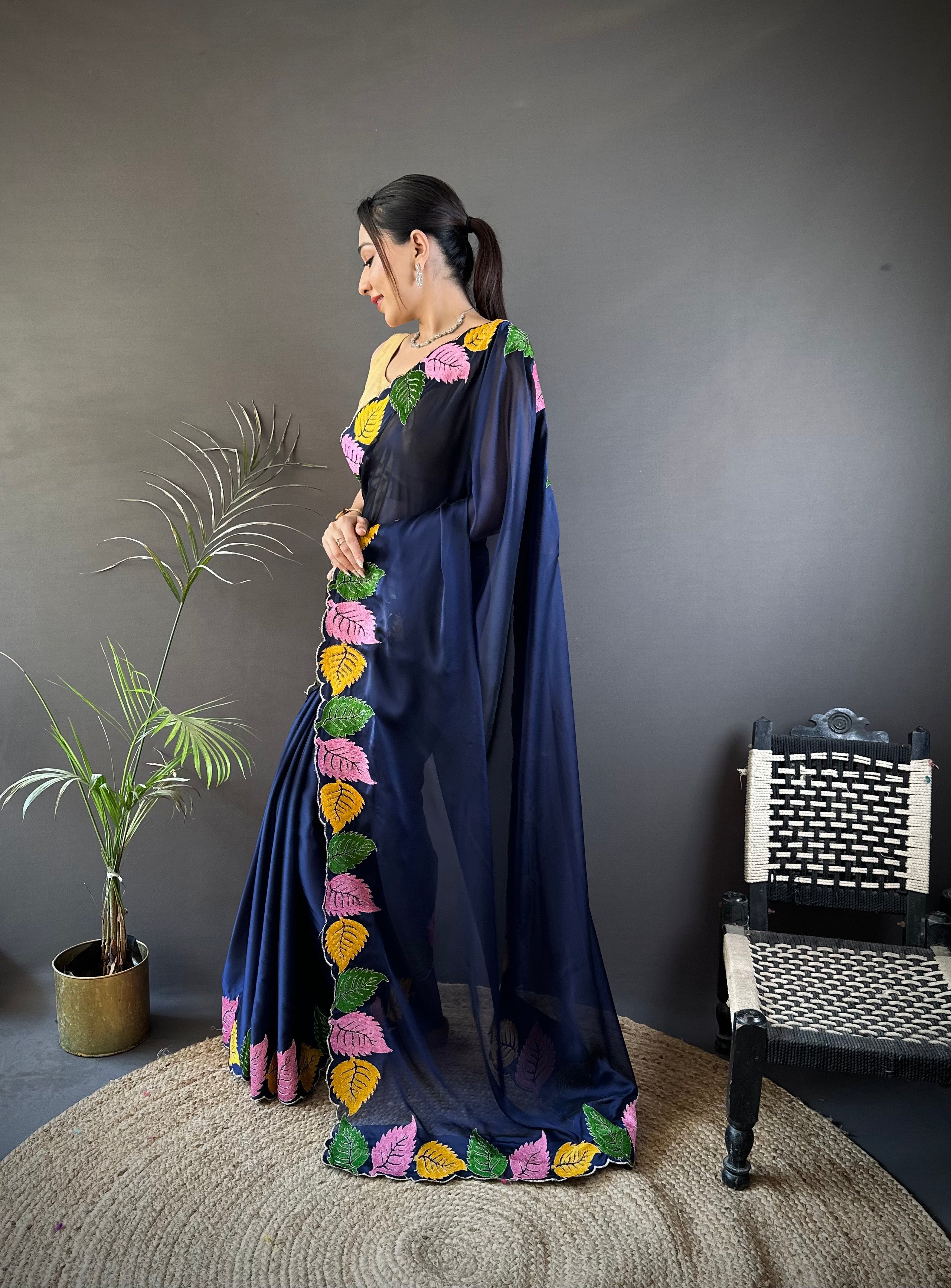 Navy Blue Georgette Saree with Multicolor Leaf Embroidery Border & Designer Pallu