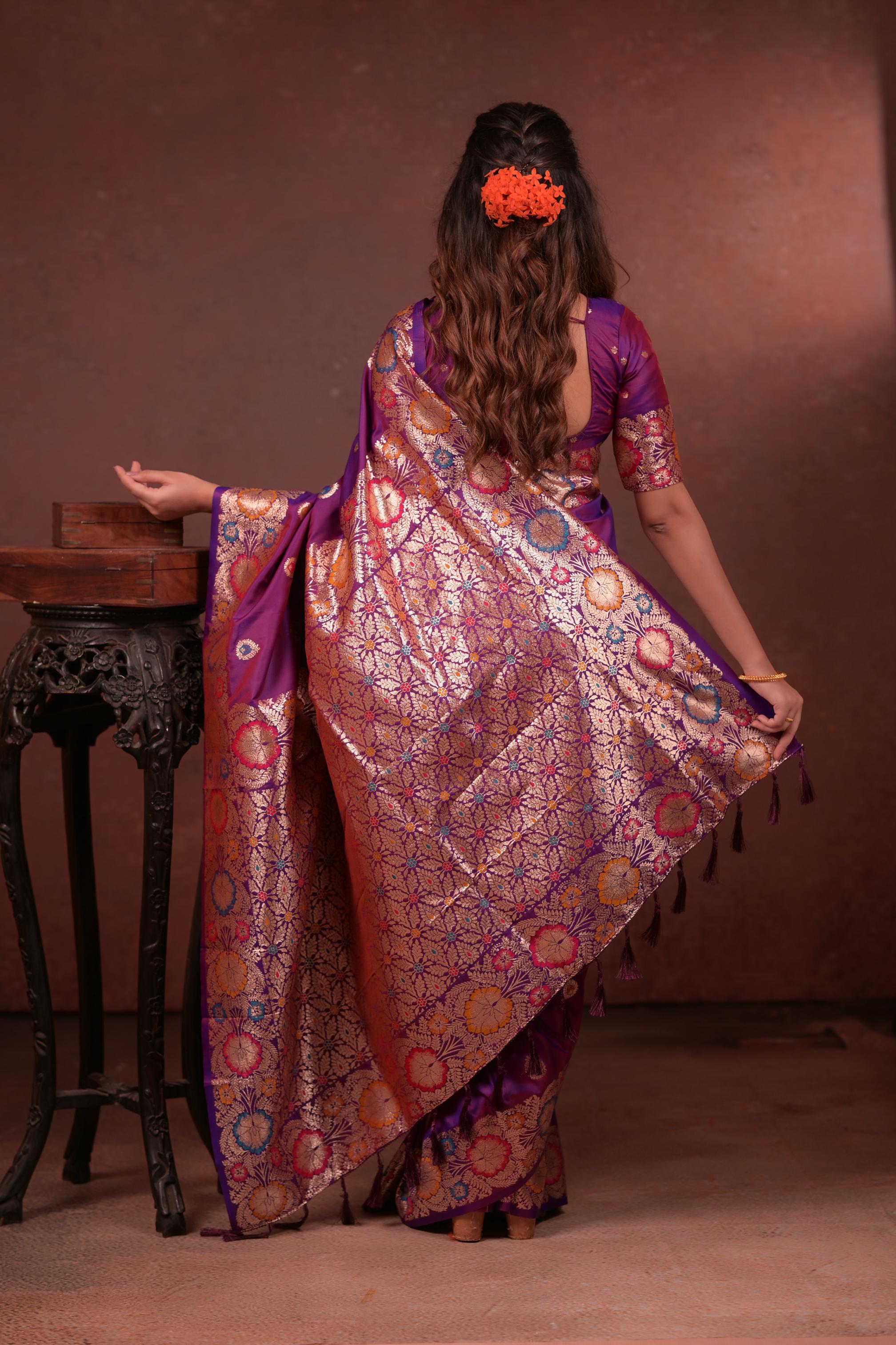 Royal Purple Banarasi Silk Saree with Multicolor Floral Zari Woven Border & Rich Designer Pallu