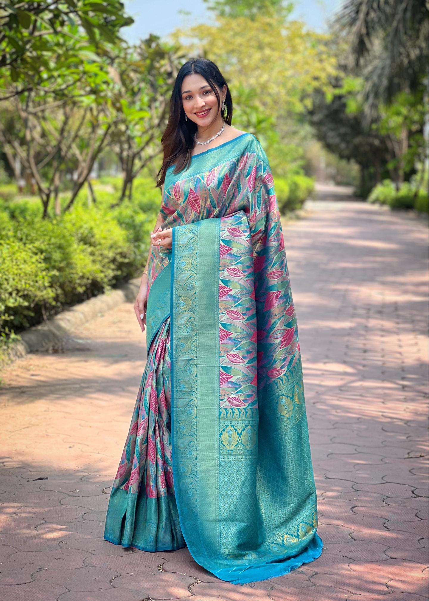 Women's Aqua Blue Banarasi Silk Saree with Multicolor Leaf Woven Design & Rich Zari Border