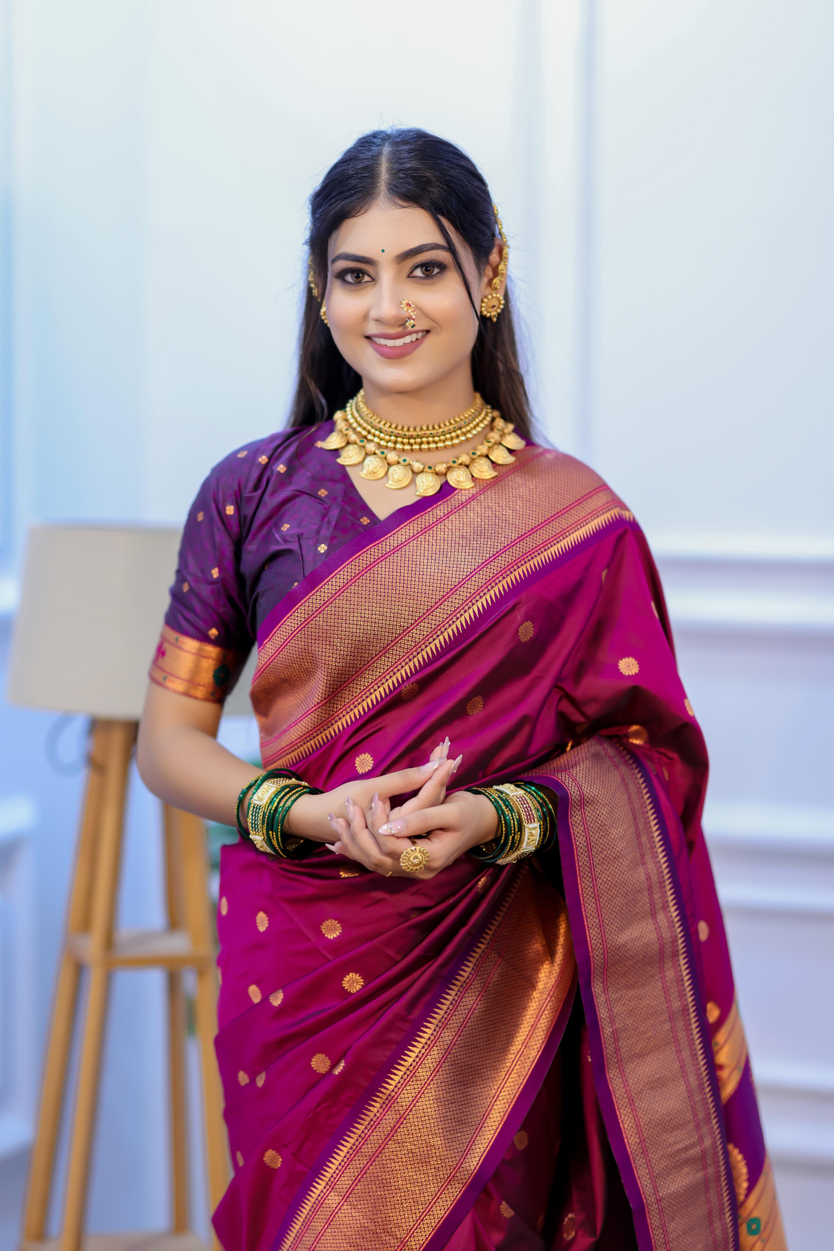 Magenta Paithani Silk Saree with Golden Zari Butti, Rich Border & Designer Pallu