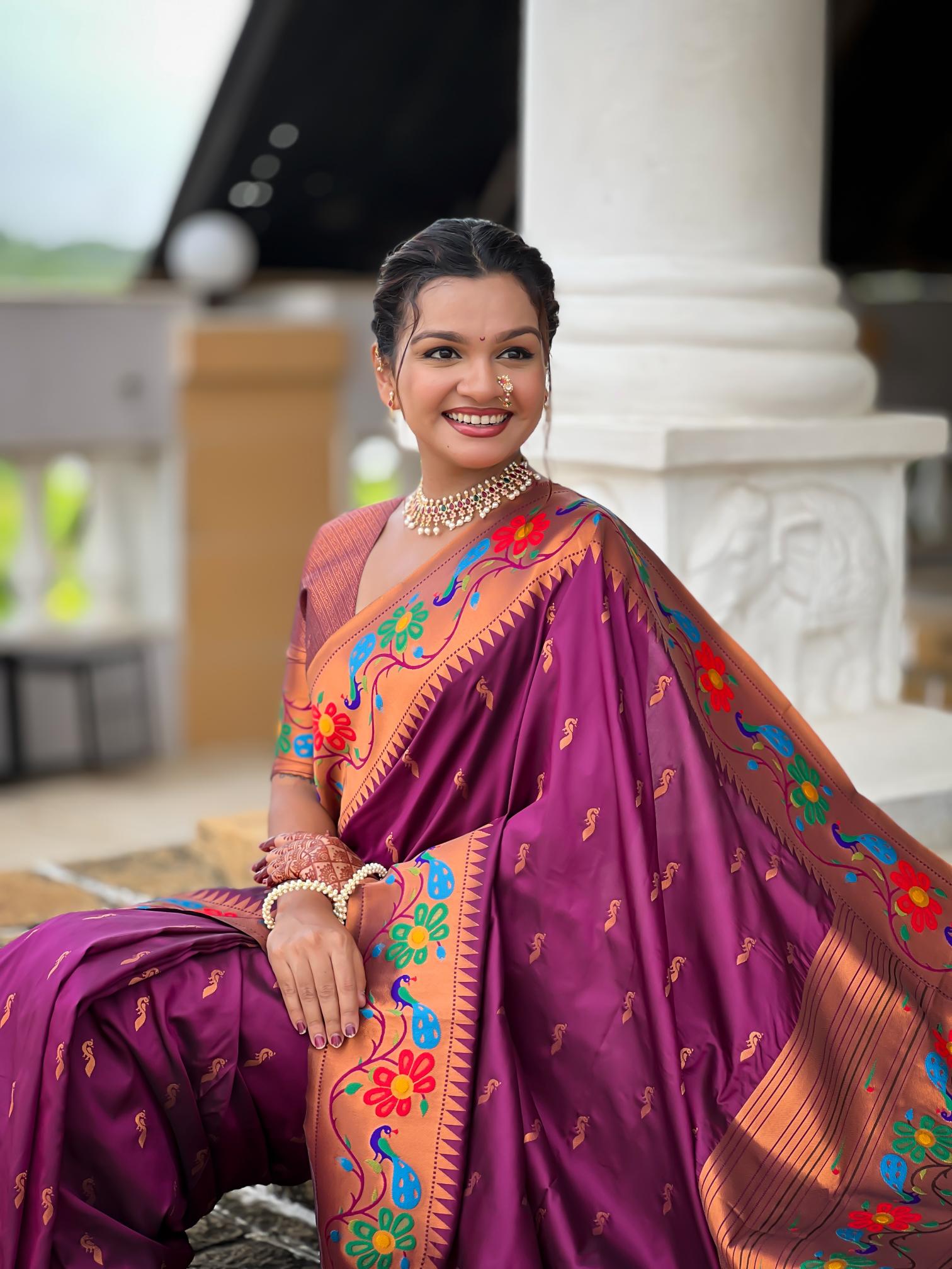 Premium Wine Purple Paithani Silk Saree for Women