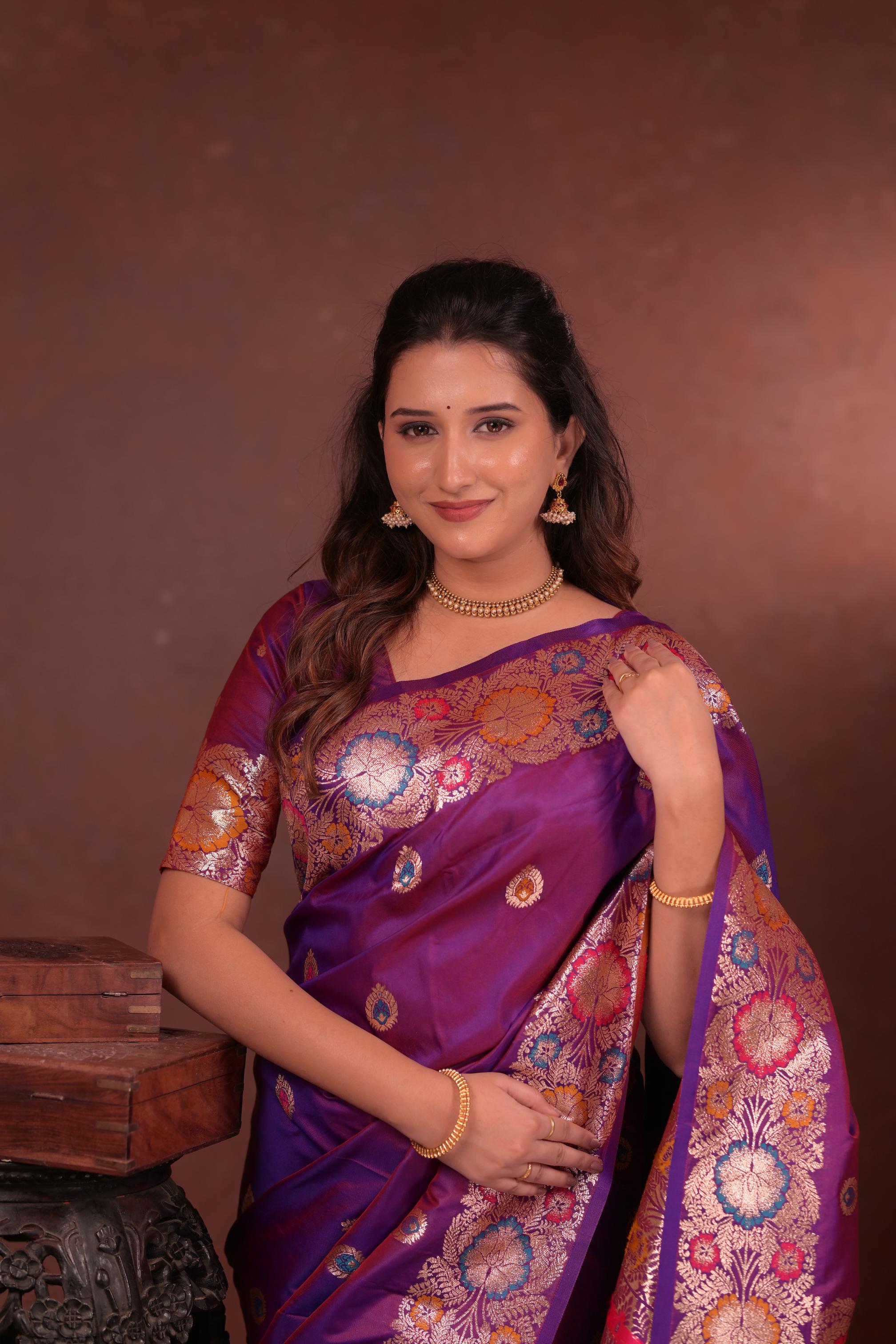 Royal Purple Banarasi Silk Saree with Multicolor Floral Zari Woven Border & Rich Designer Pallu