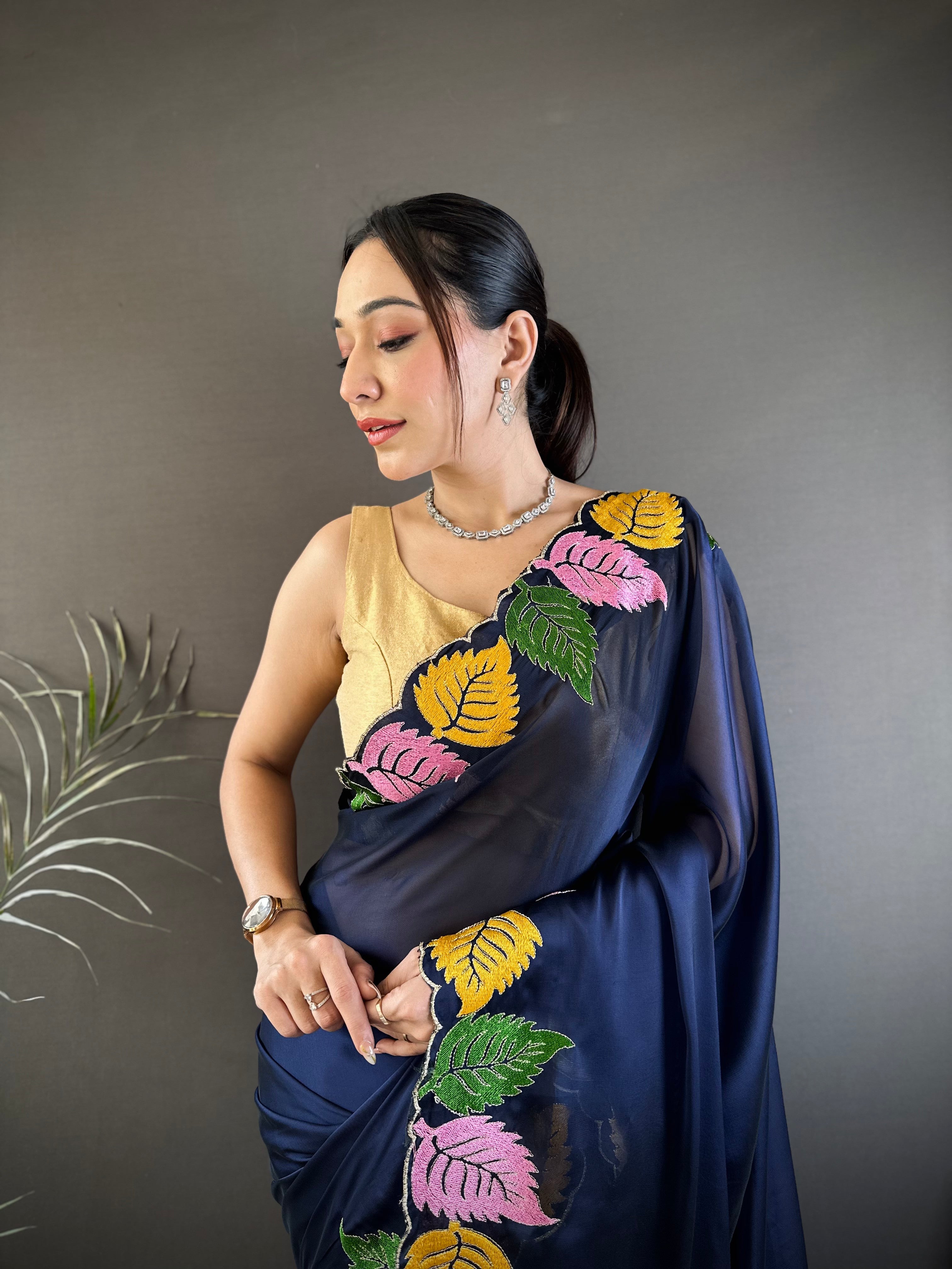 Navy Blue Georgette Saree with Multicolor Leaf Embroidery Border & Designer Pallu