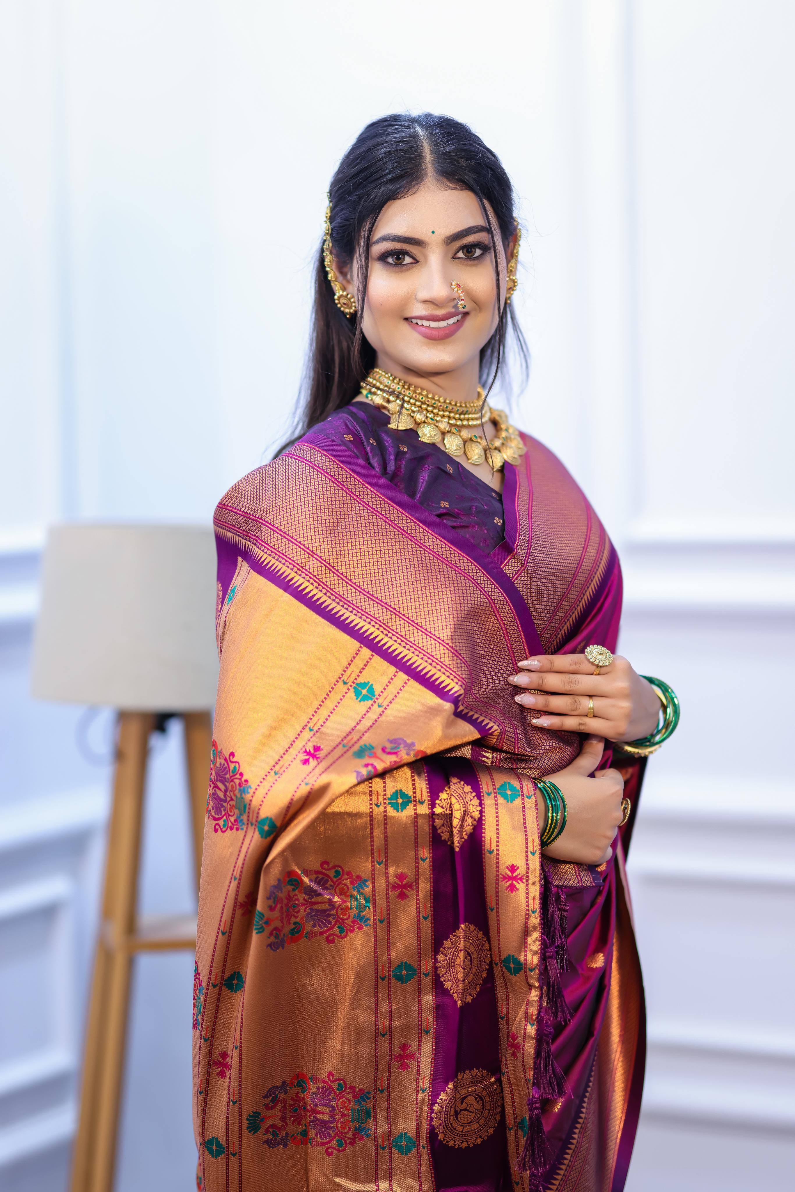 Magenta Paithani Silk Saree with Golden Zari Butti, Rich Border & Designer Pallu