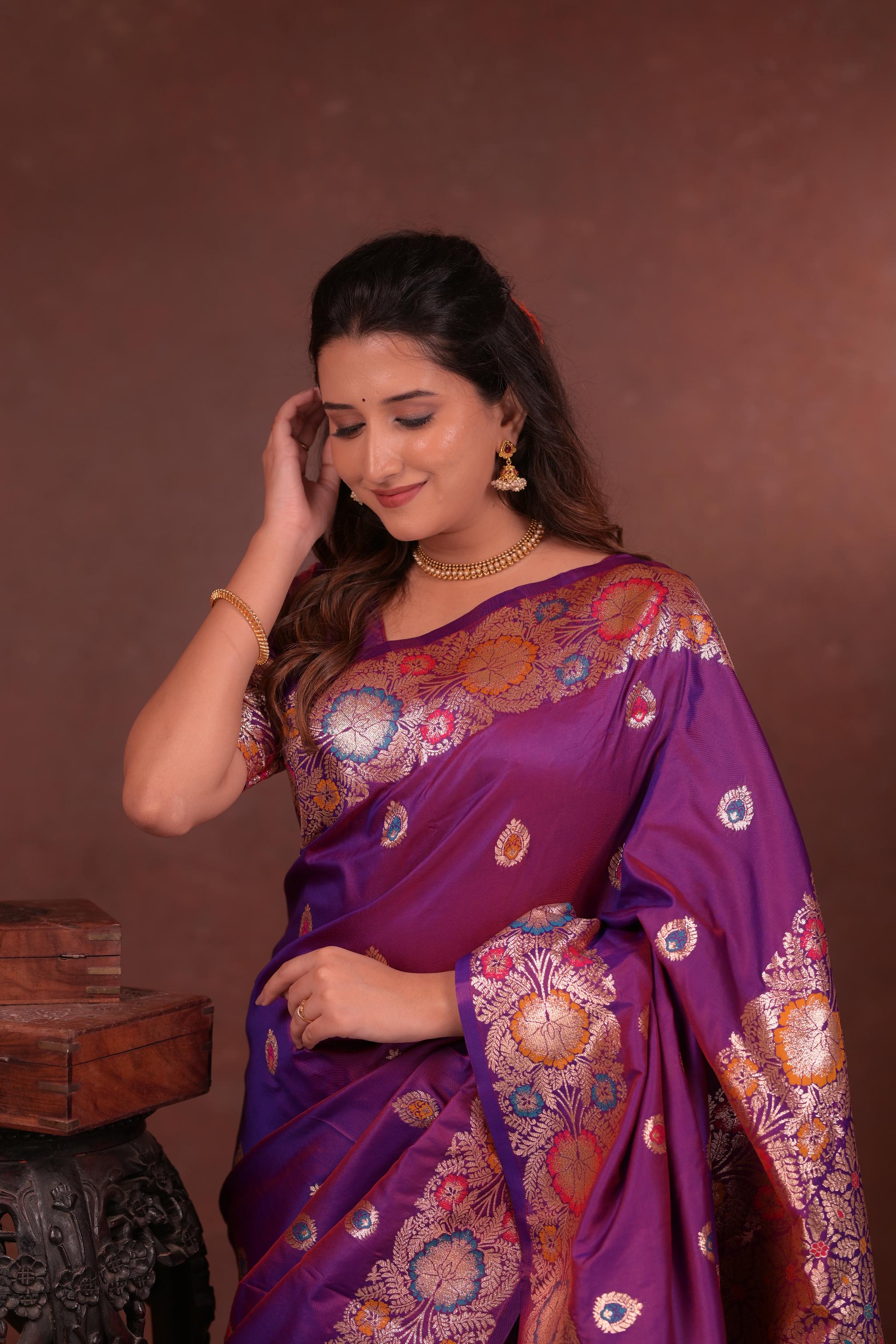 Royal Purple Banarasi Silk Saree with Multicolor Floral Zari Woven Border & Rich Designer Pallu