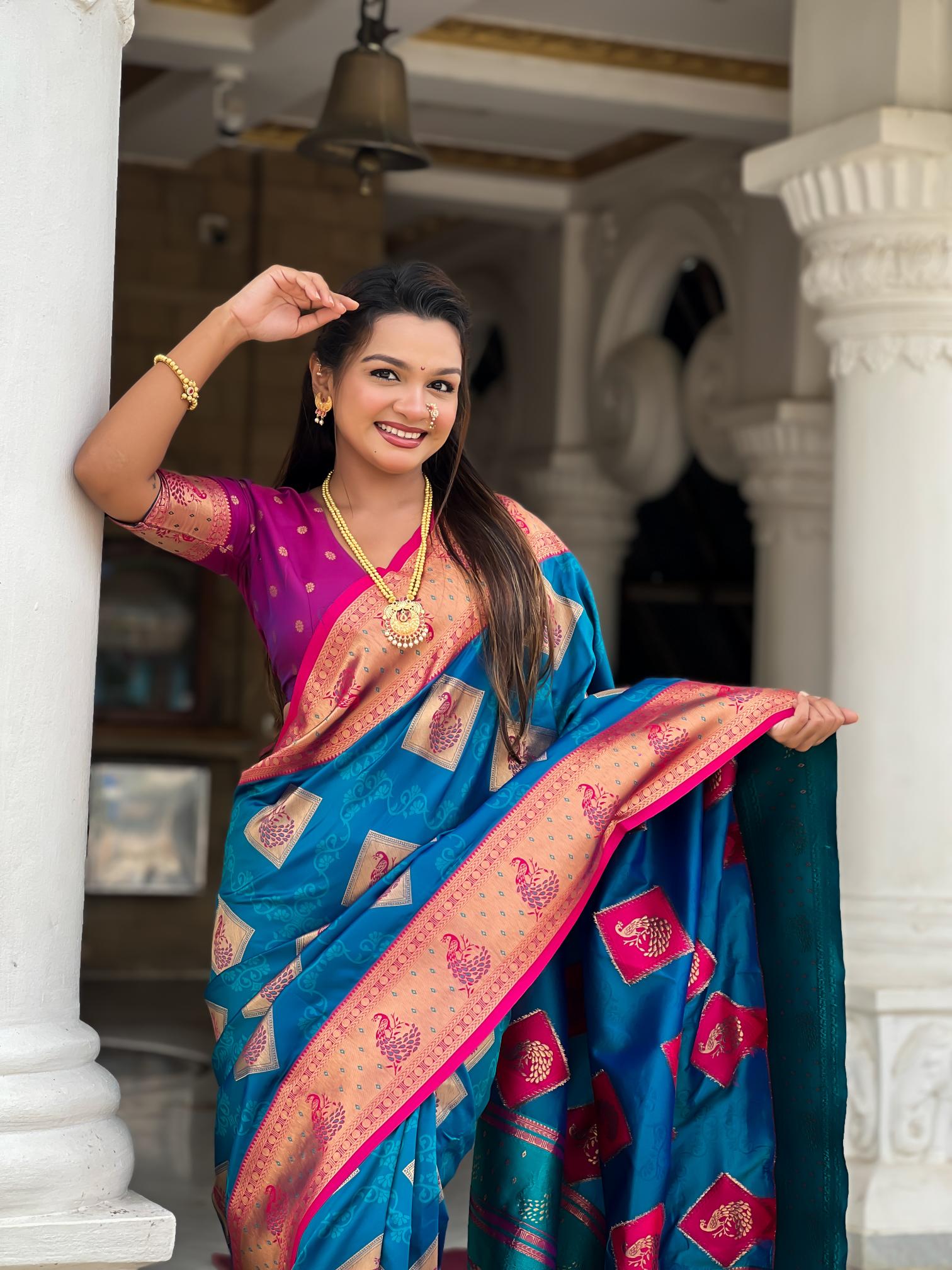 Premium Peacock Blue Banarasi Silk Saree for Women