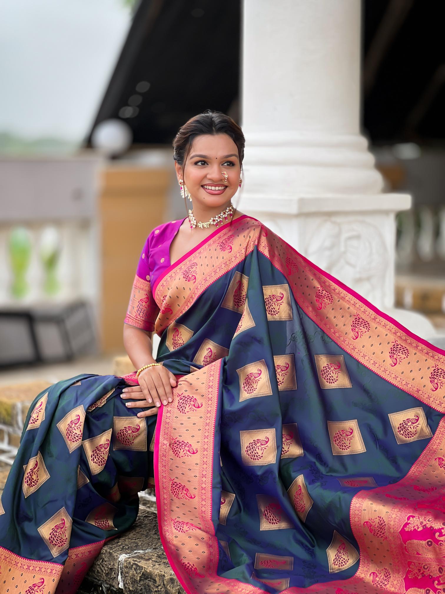Premium Navy Blue Banarasi Silk Saree for Women