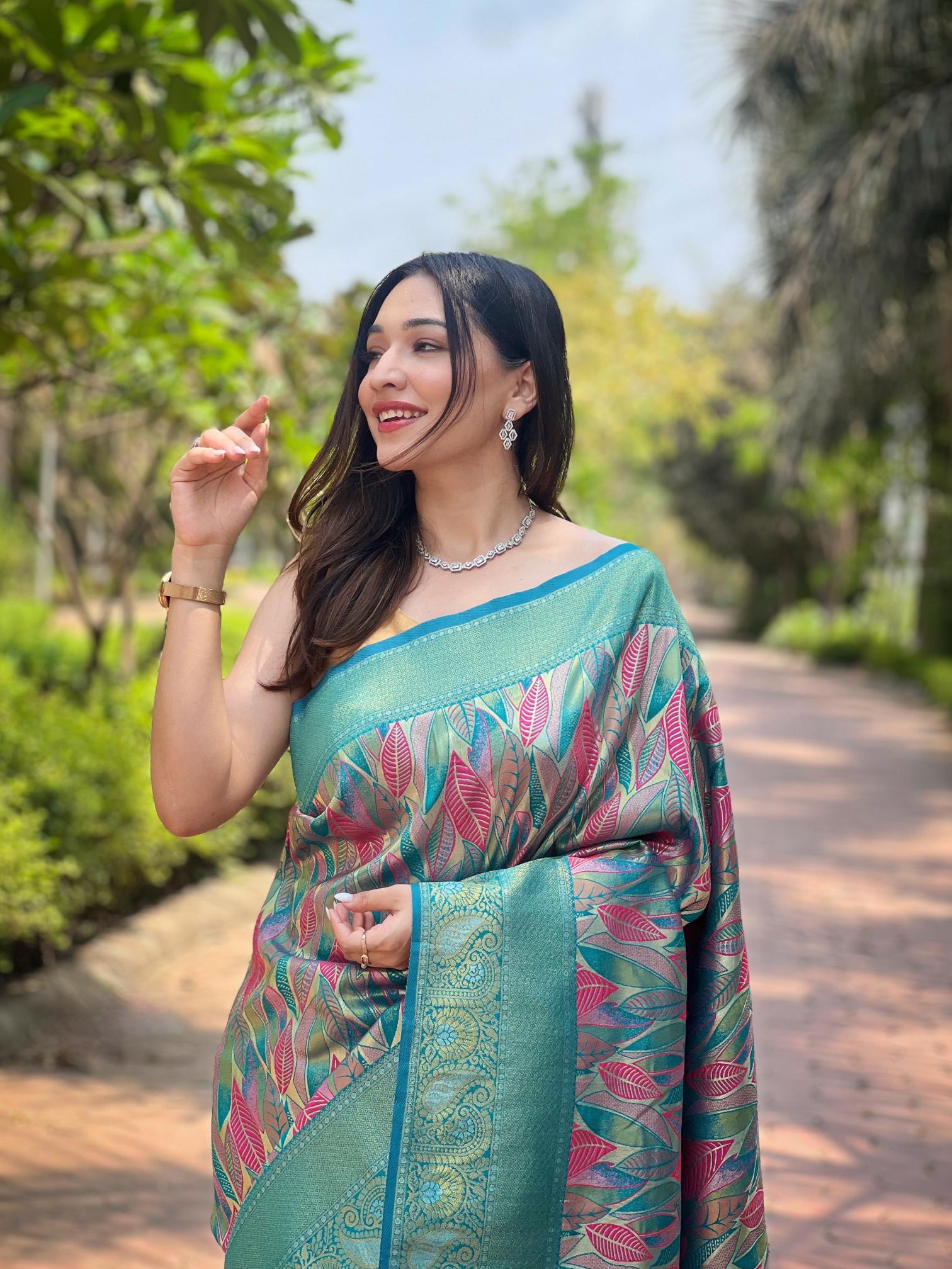 Women's Aqua Blue Banarasi Silk Saree with Multicolor Leaf Woven Design & Rich Zari Border