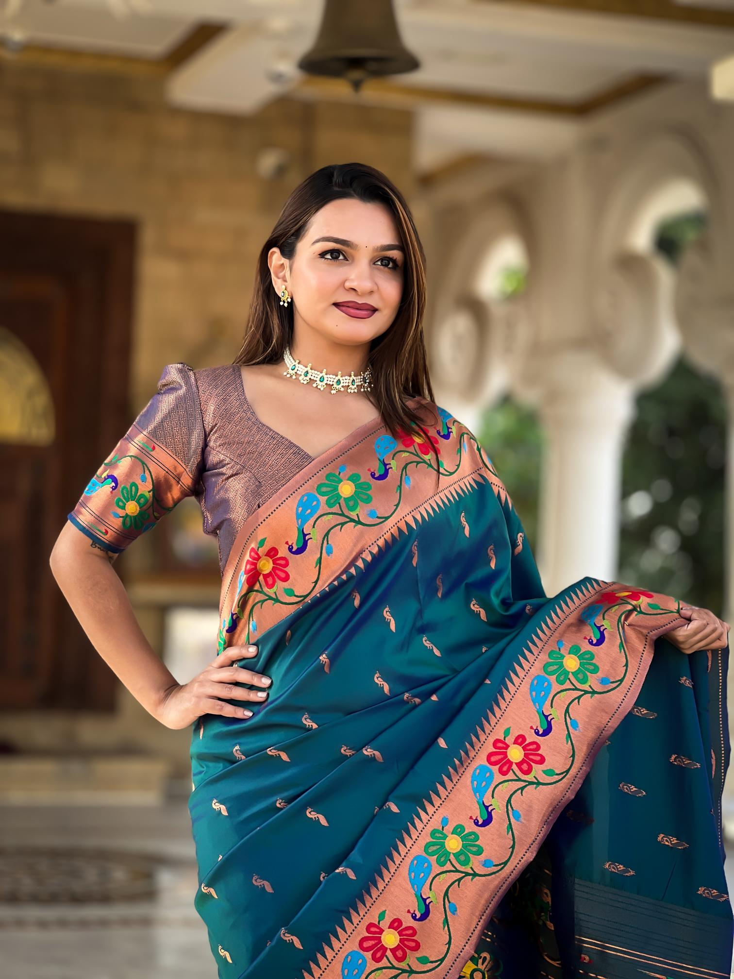 Premium Teal Blue Paithani Silk Saree for Women