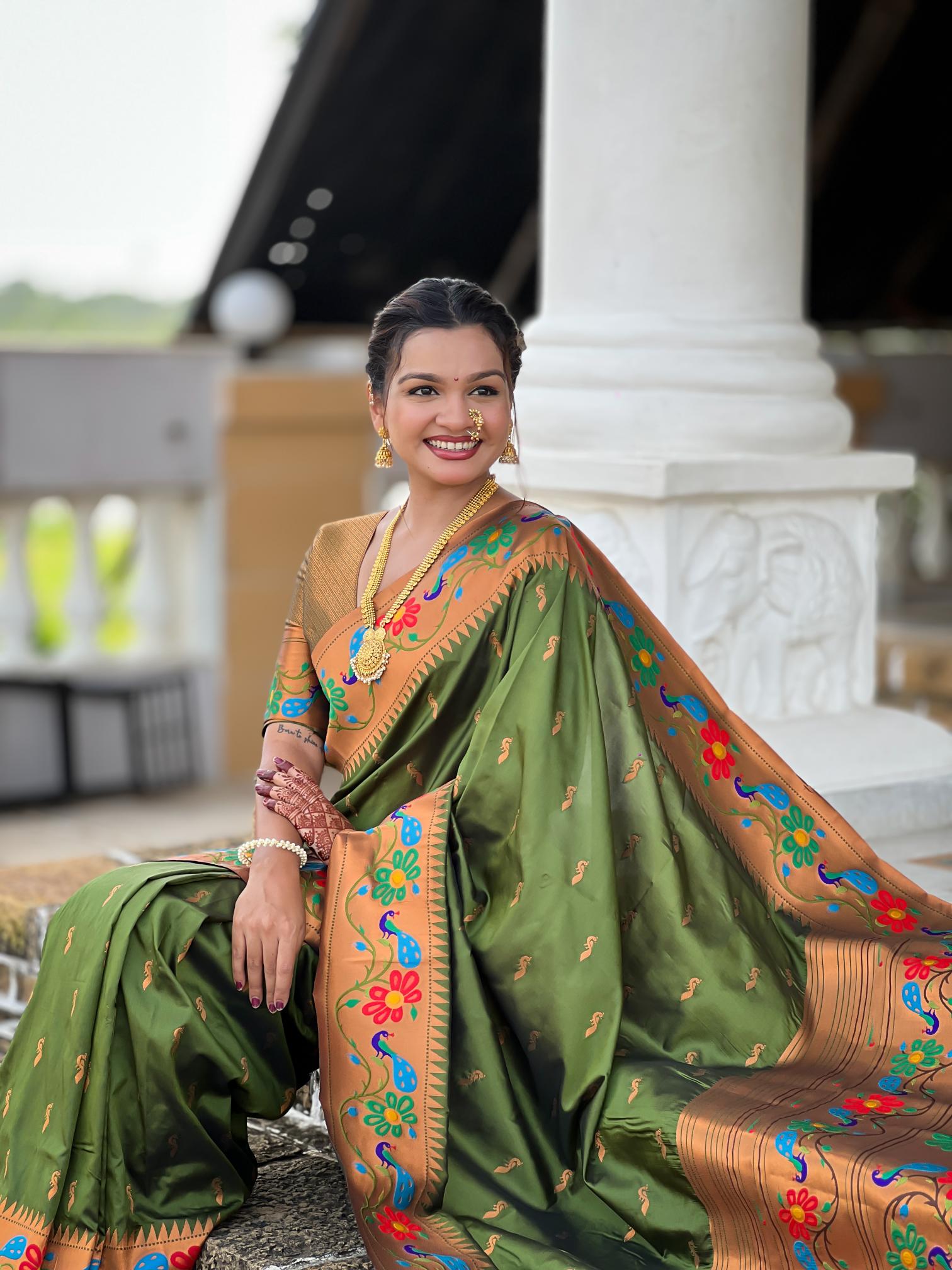 Premium Olive Green Paithani Silk Saree for Women