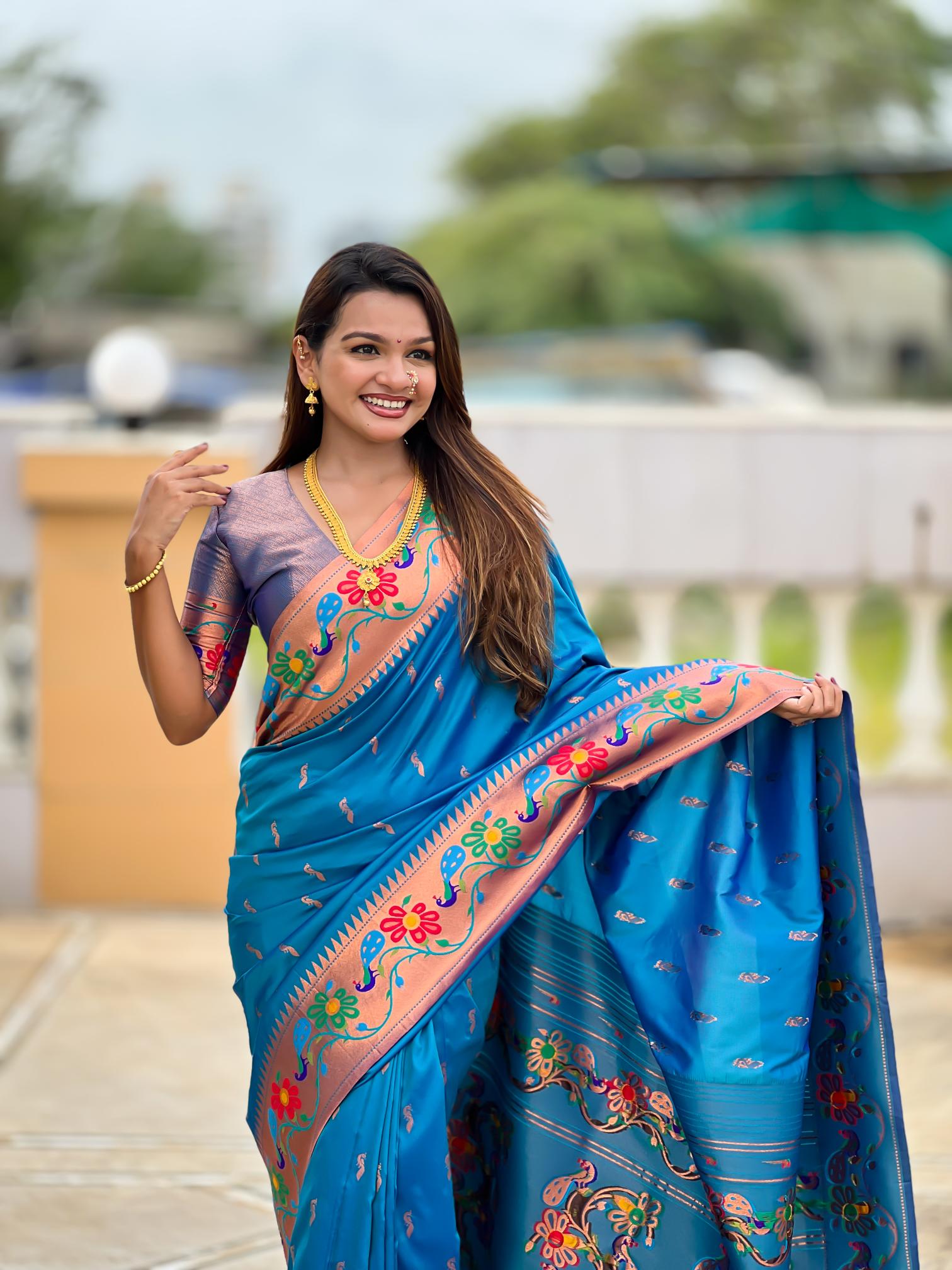 Premium Sky Blue Paithani Silk Saree for Women