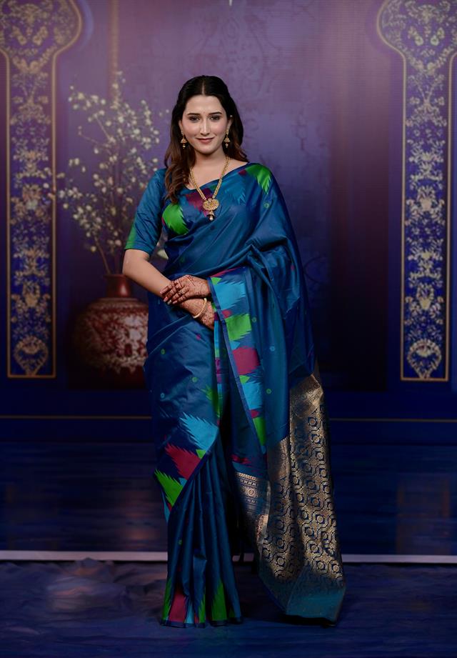 Rama Blue Banarasi Silk Saree with Multicolor Ikat Design & Rich Zari Woven Pallu