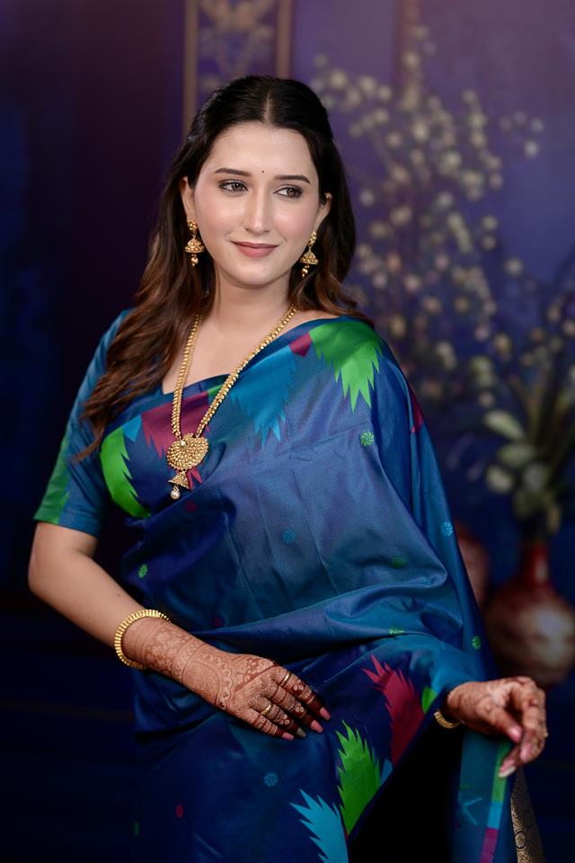 Rama Blue Banarasi Silk Saree with Multicolor Ikat Design & Rich Zari Woven Pallu