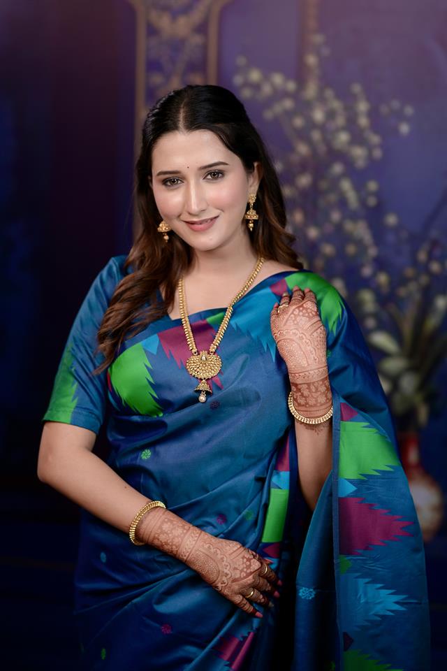 Rama Blue Banarasi Silk Saree with Multicolor Ikat Design & Rich Zari Woven Pallu