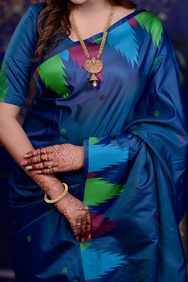 Rama Blue Banarasi Silk Saree with Multicolor Ikat Design & Rich Zari Woven Pallu
