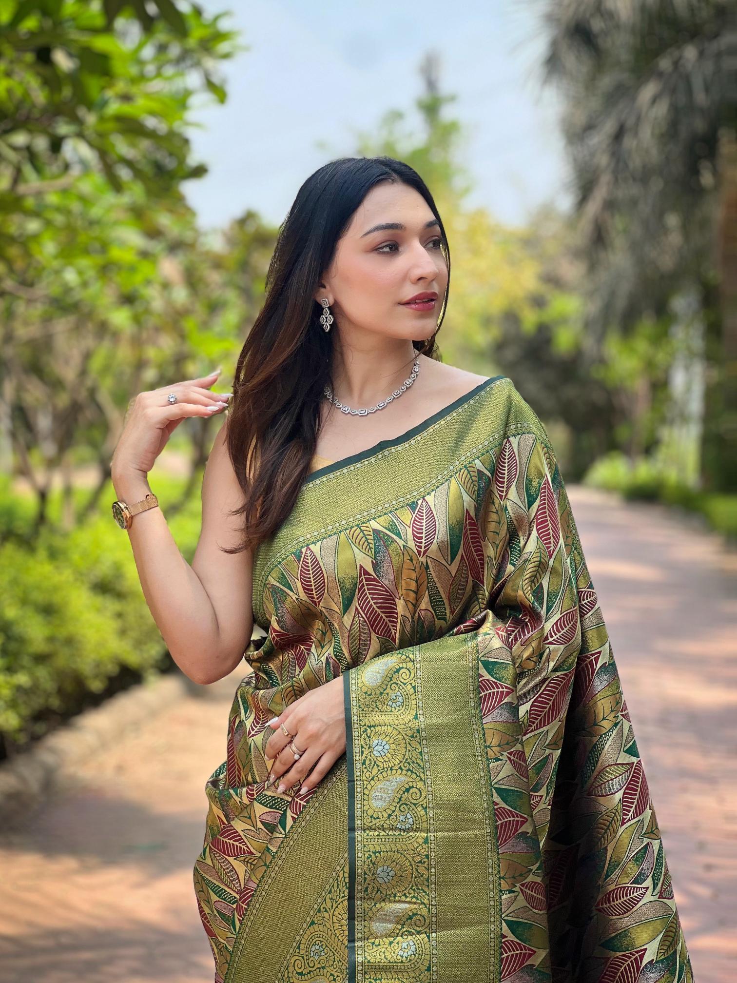 Women's Olive Green Banarasi Silk Saree with Multicolor Leaf Woven Design & Rich Zari Border