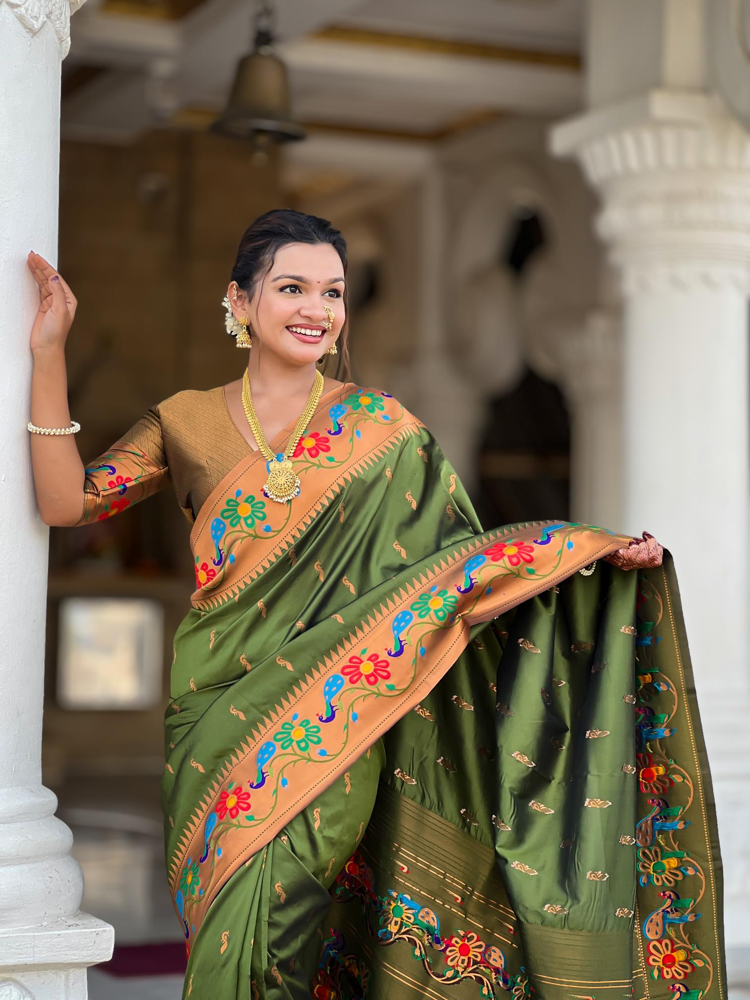 Premium Olive Green Paithani Silk Saree for Women