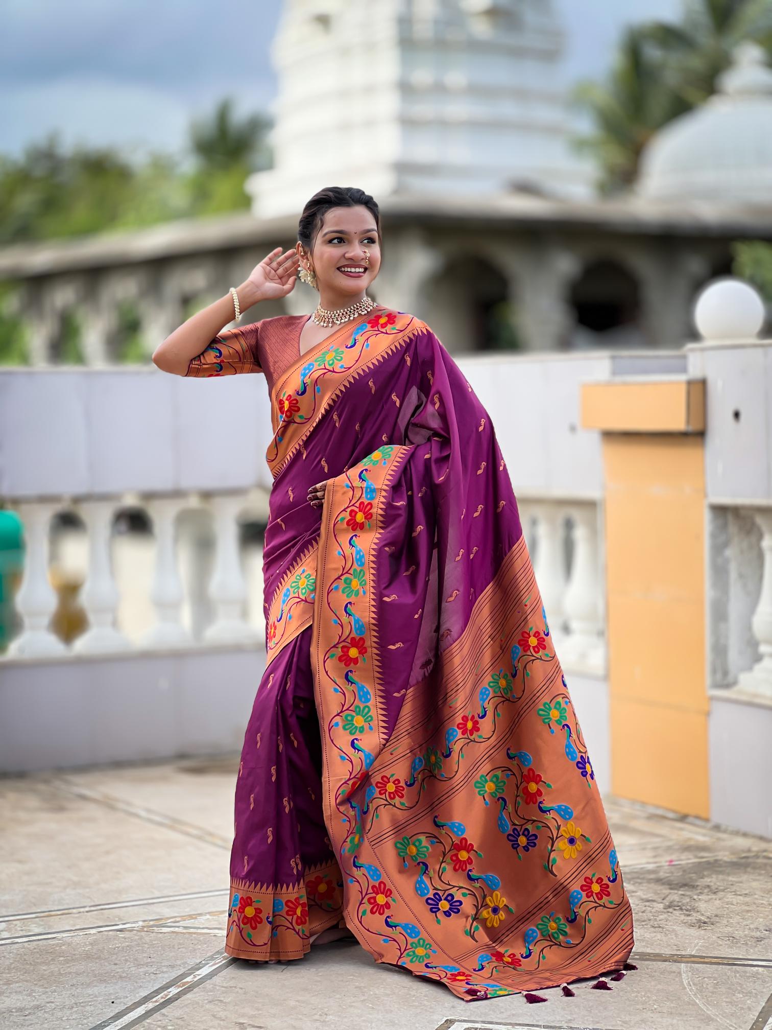 Premium Wine Purple Paithani Silk Saree for Women