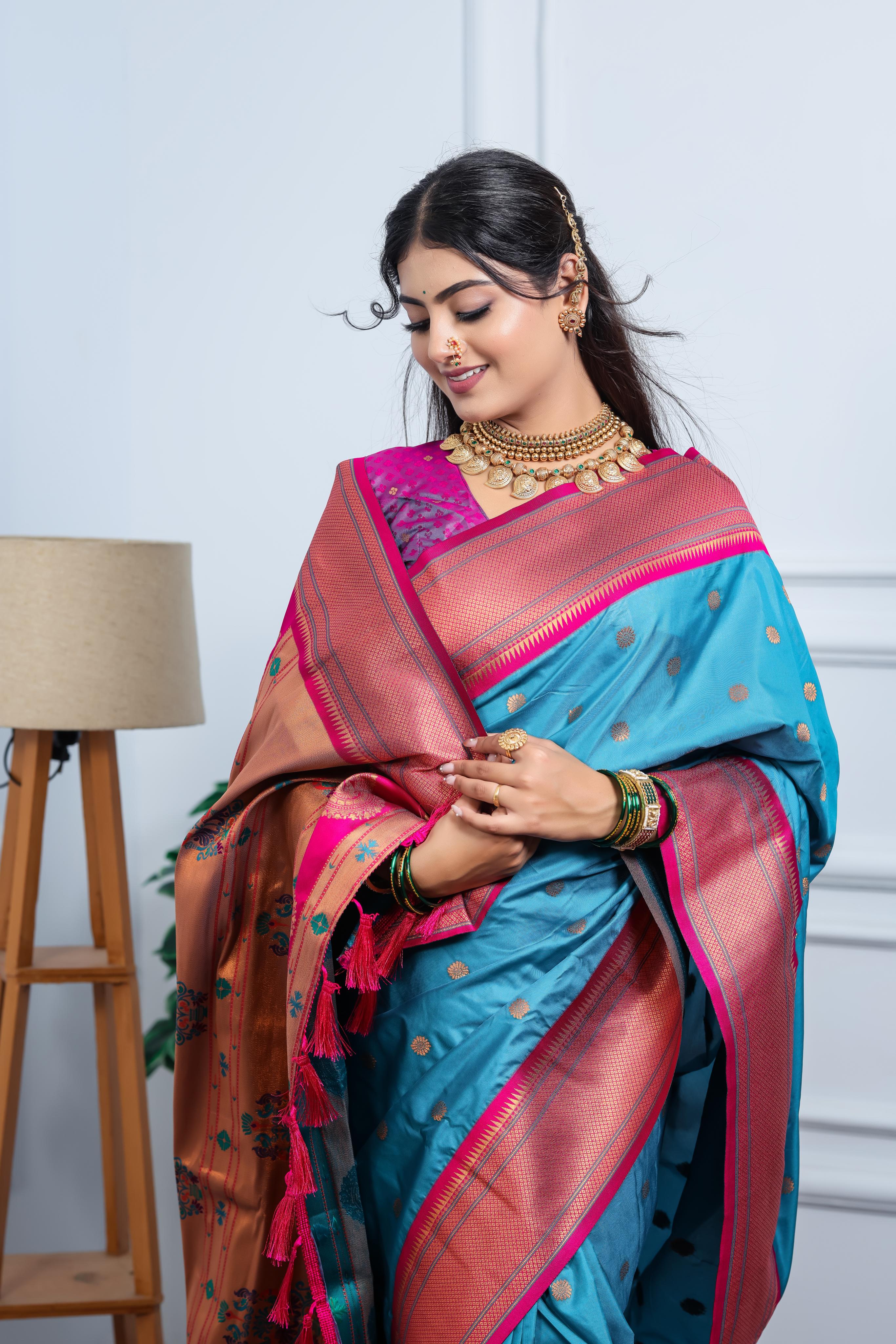Turquoise Blue Paithani Silk Saree with Golden Zari Butti, Pink Border & Designer Pallu
