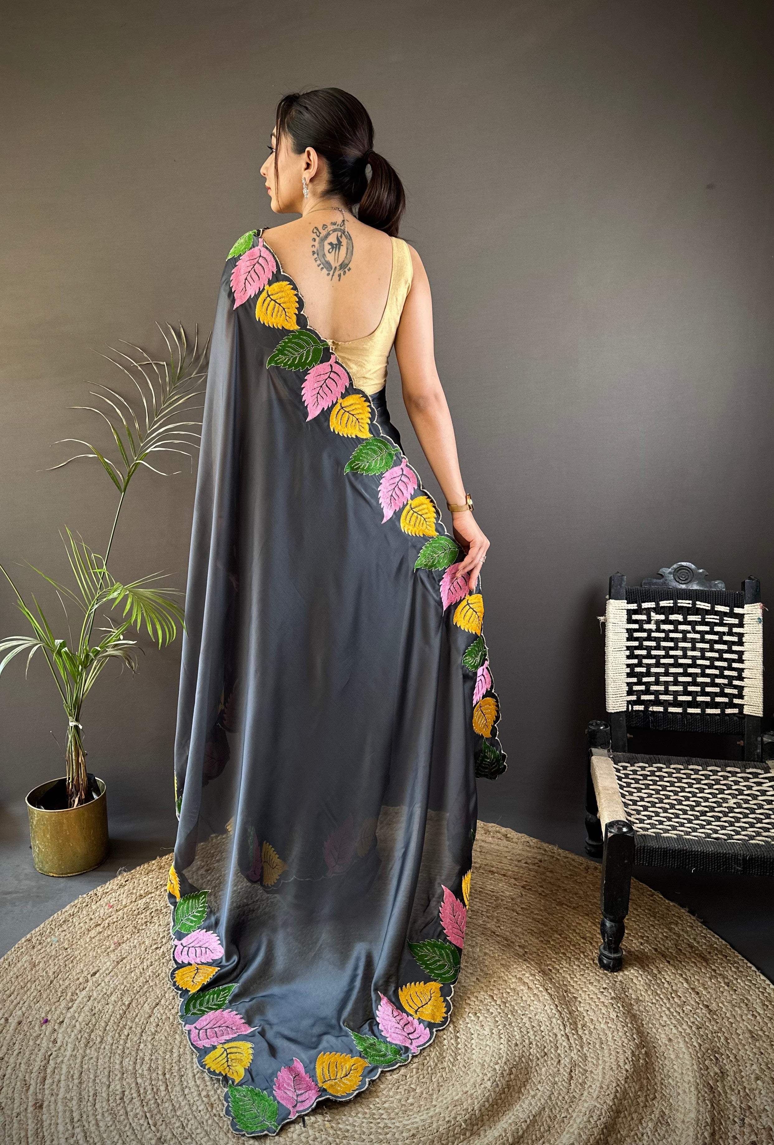 Charcoal Grey Georgette Saree with Multicolor Leaf Embroidery Border & Designer Pallu