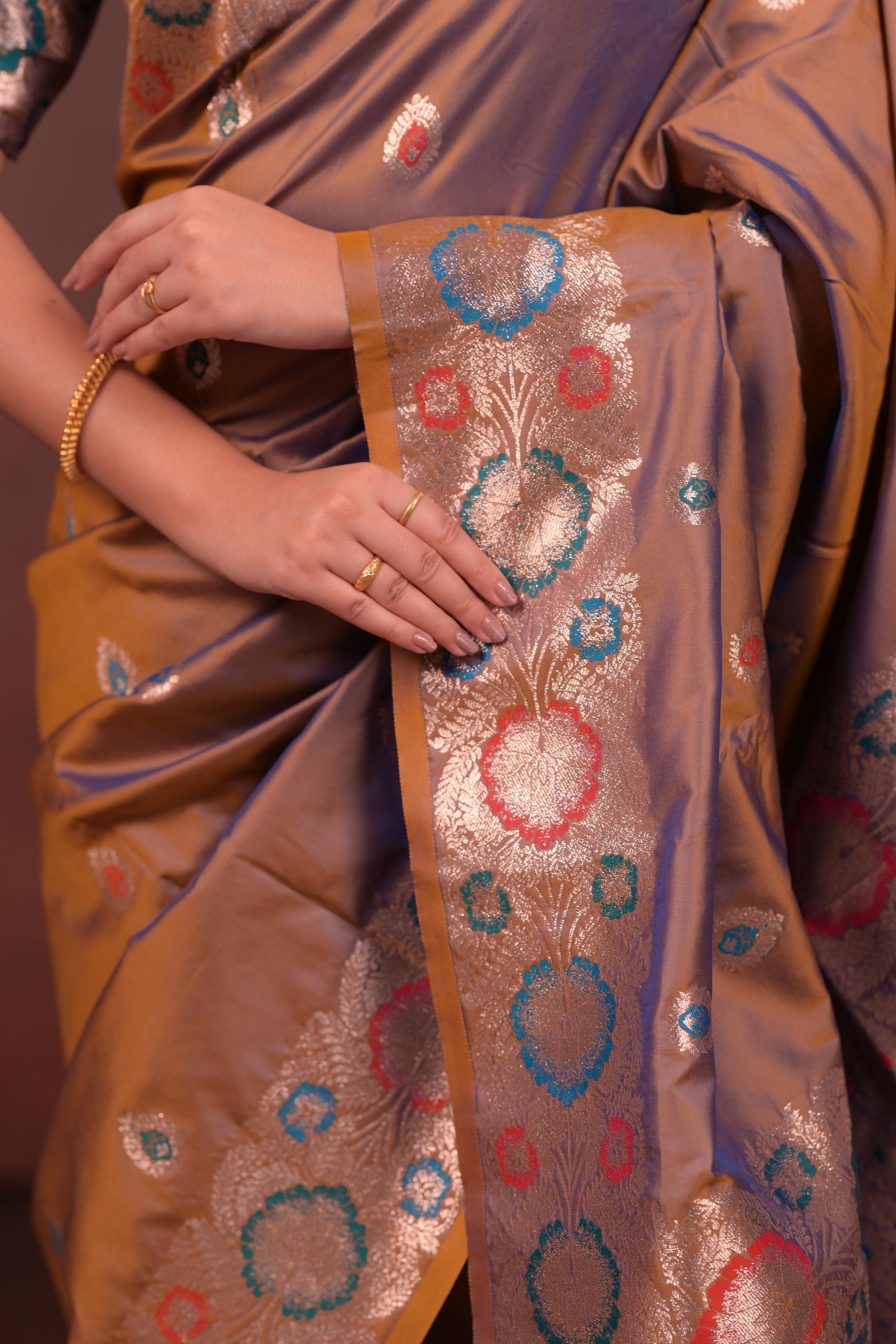 Taupe Brown Banarasi Silk Saree with Multicolor Floral Zari Woven Border & Rich Designer Pallu