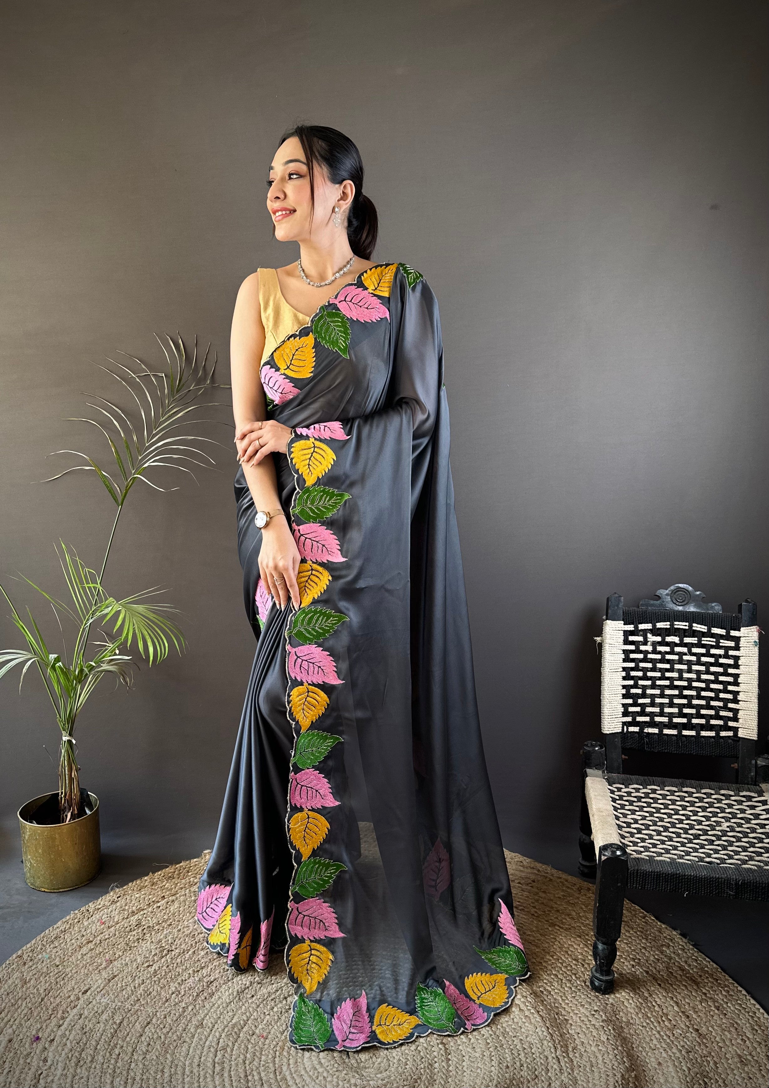 Charcoal Grey Georgette Saree with Multicolor Leaf Embroidery Border & Designer Pallu