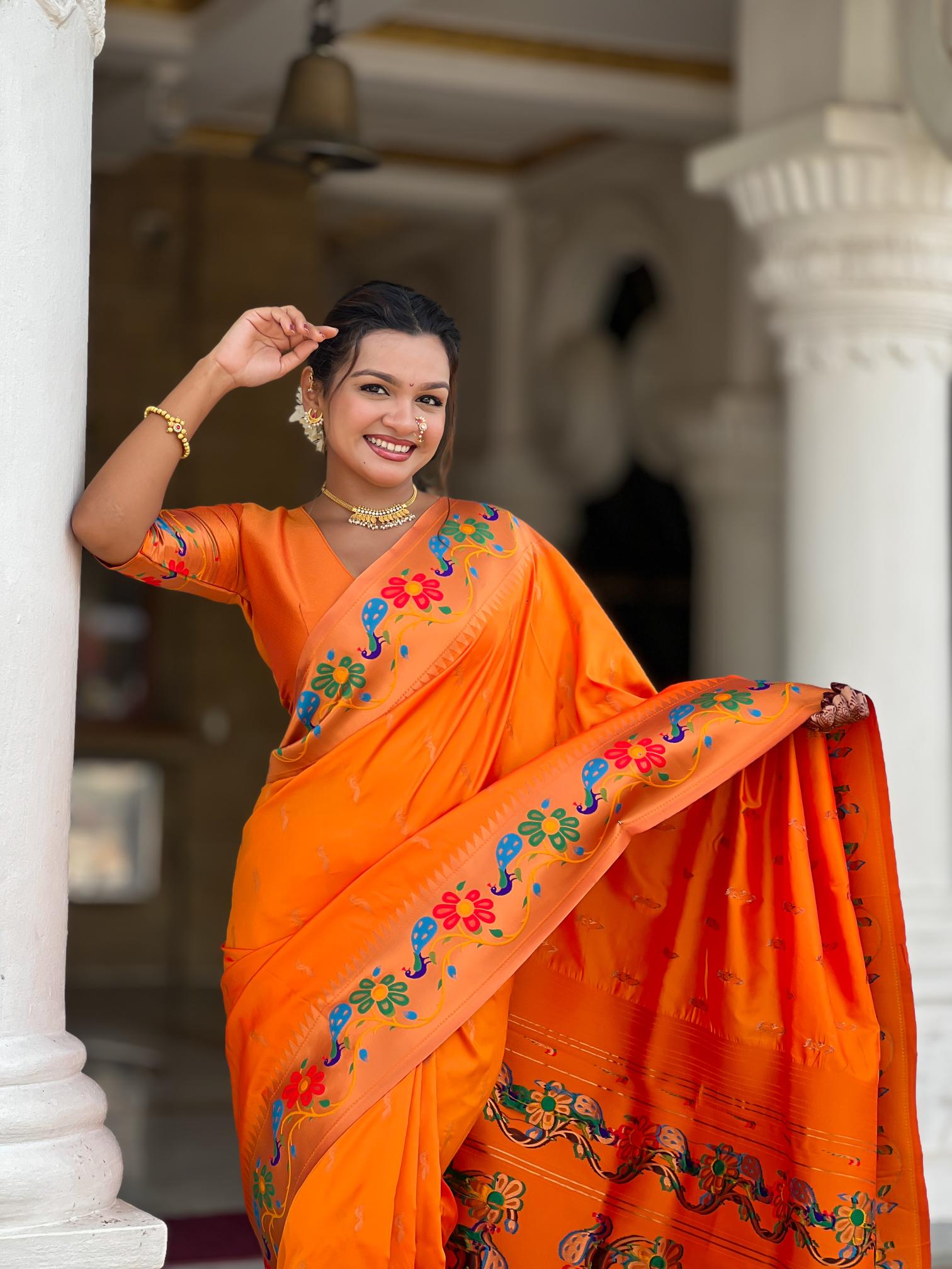 Premium Orange Paithani Silk Saree for Women