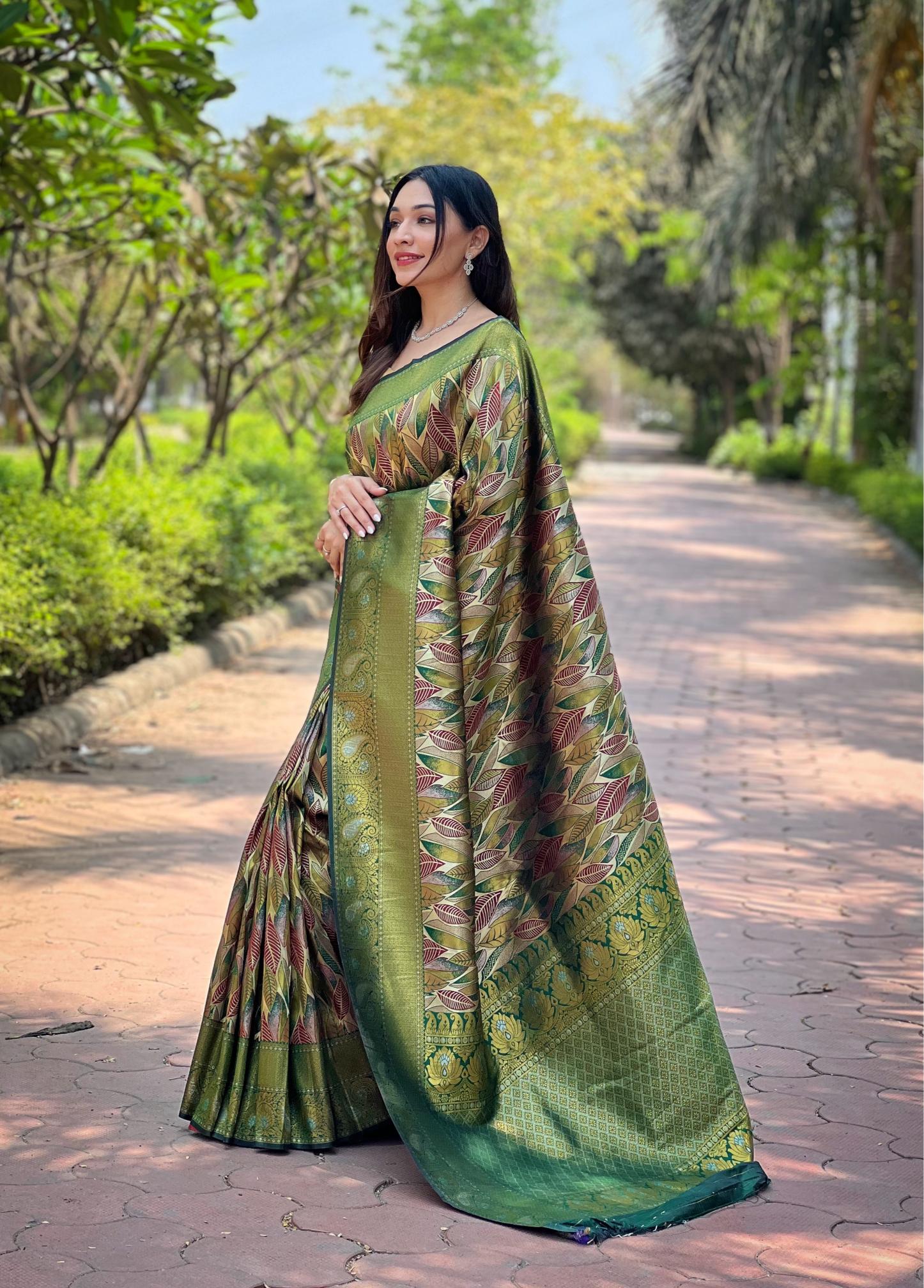 Women's Olive Green Banarasi Silk Saree with Multicolor Leaf Woven Design & Rich Zari Border