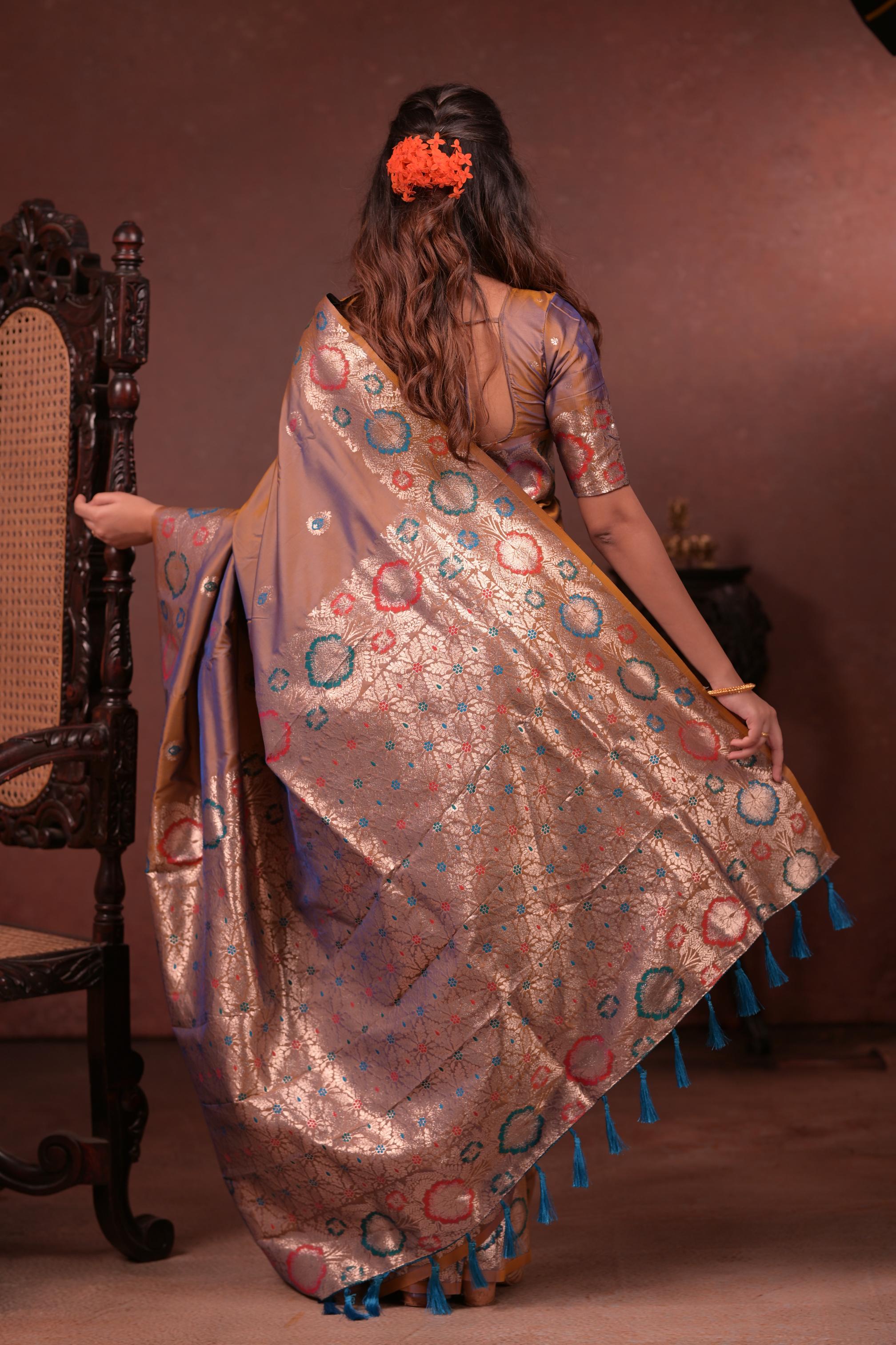 Taupe Brown Banarasi Silk Saree with Multicolor Floral Zari Woven Border & Rich Designer Pallu