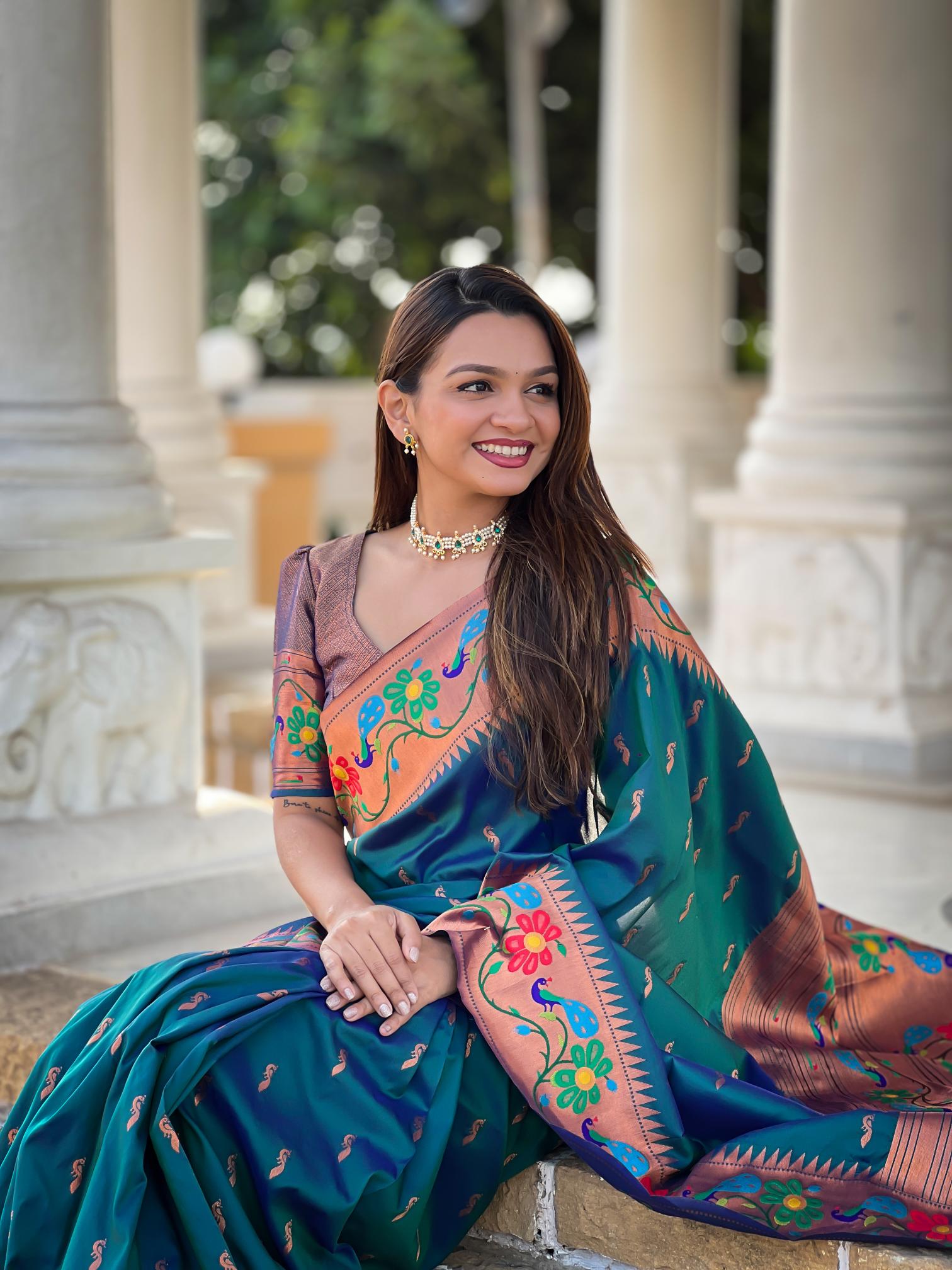 Premium Teal Blue Paithani Silk Saree for Women