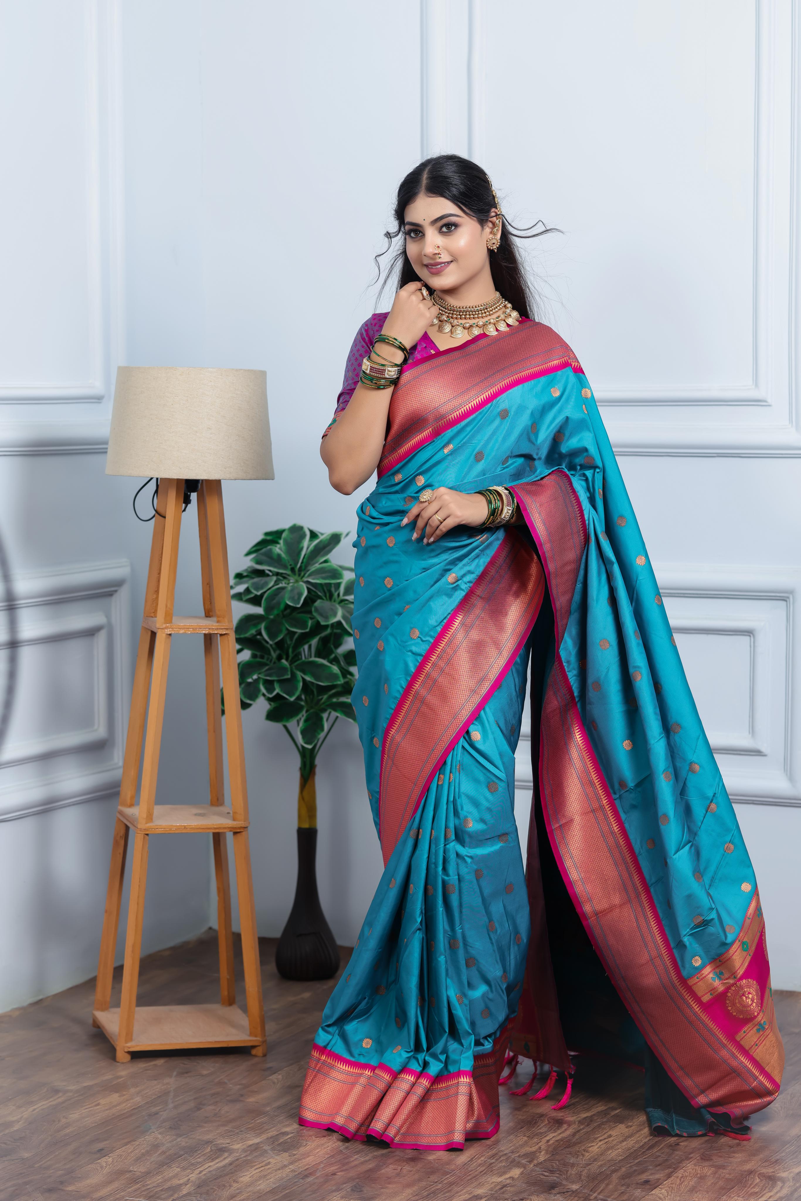 Turquoise Blue Paithani Silk Saree with Golden Zari Butti, Pink Border & Designer Pallu