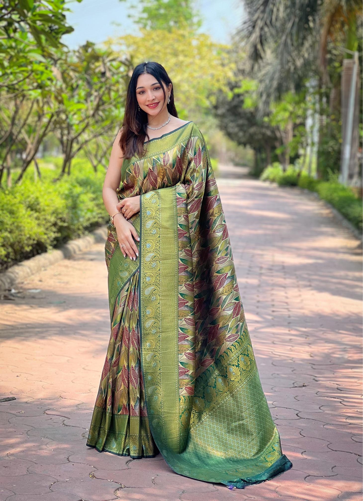 Women's Olive Green Banarasi Silk Saree with Multicolor Leaf Woven Design & Rich Zari Border