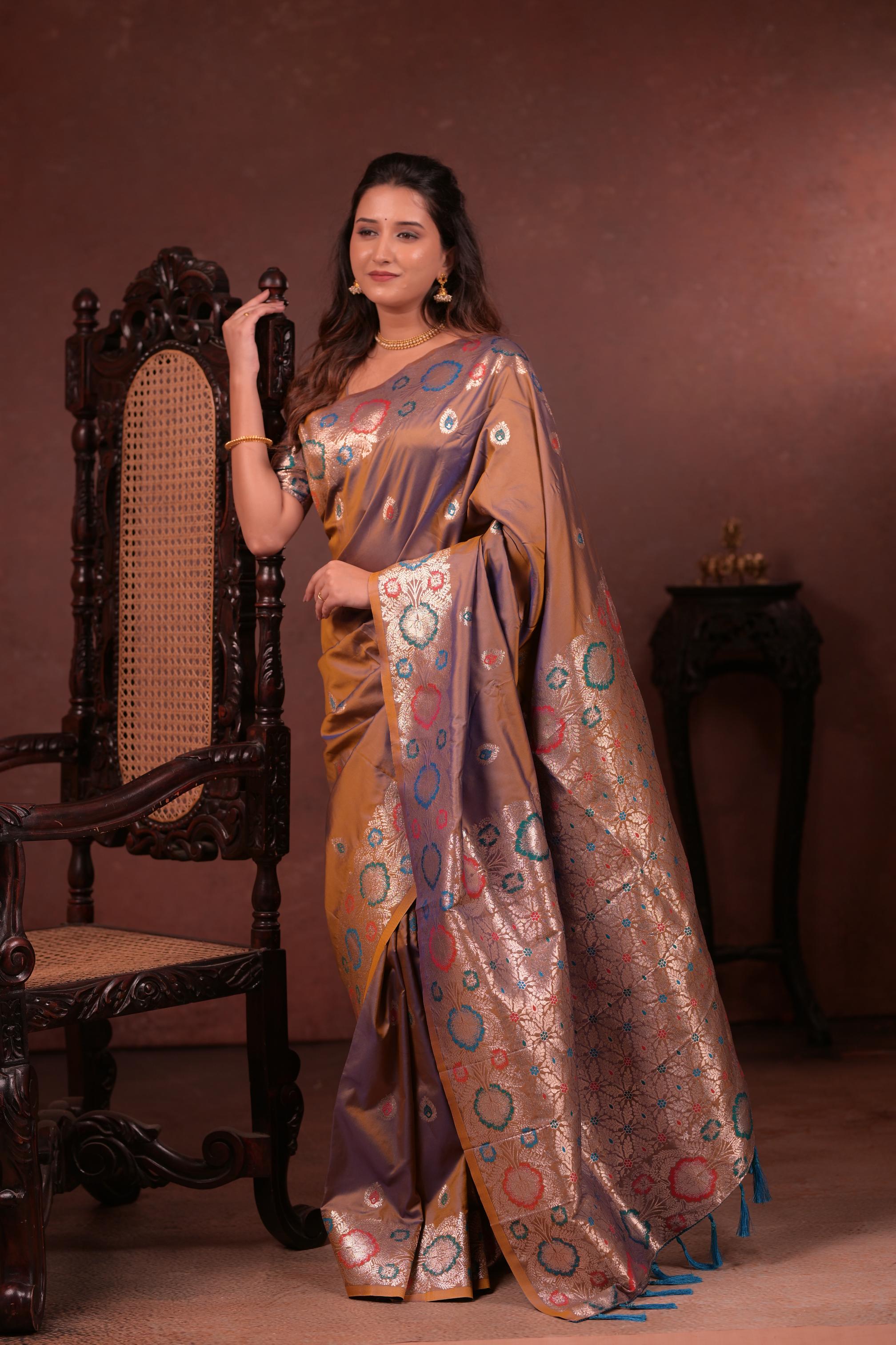 Taupe Brown Banarasi Silk Saree with Multicolor Floral Zari Woven Border & Rich Designer Pallu