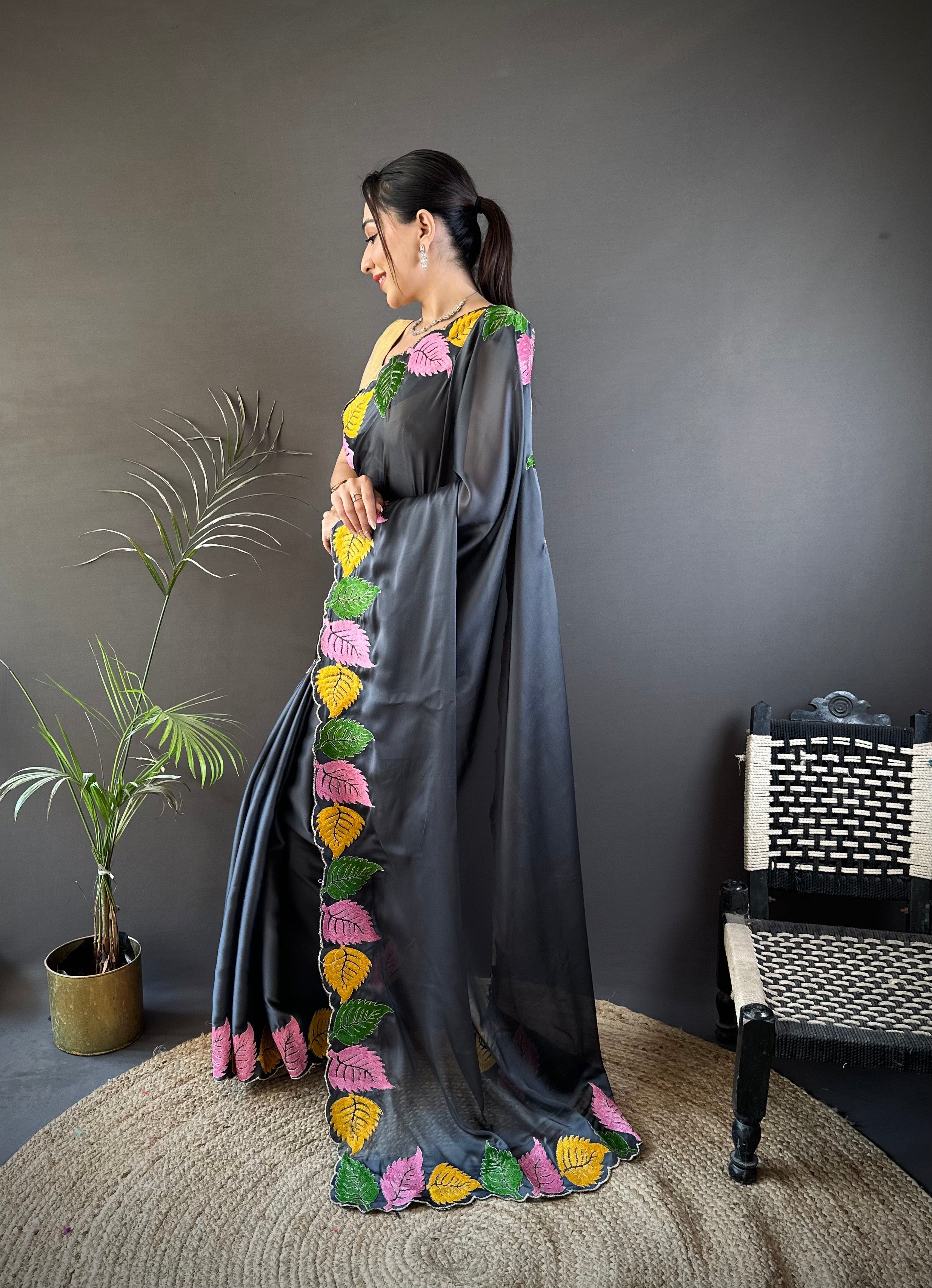 Charcoal Grey Georgette Saree with Multicolor Leaf Embroidery Border & Designer Pallu